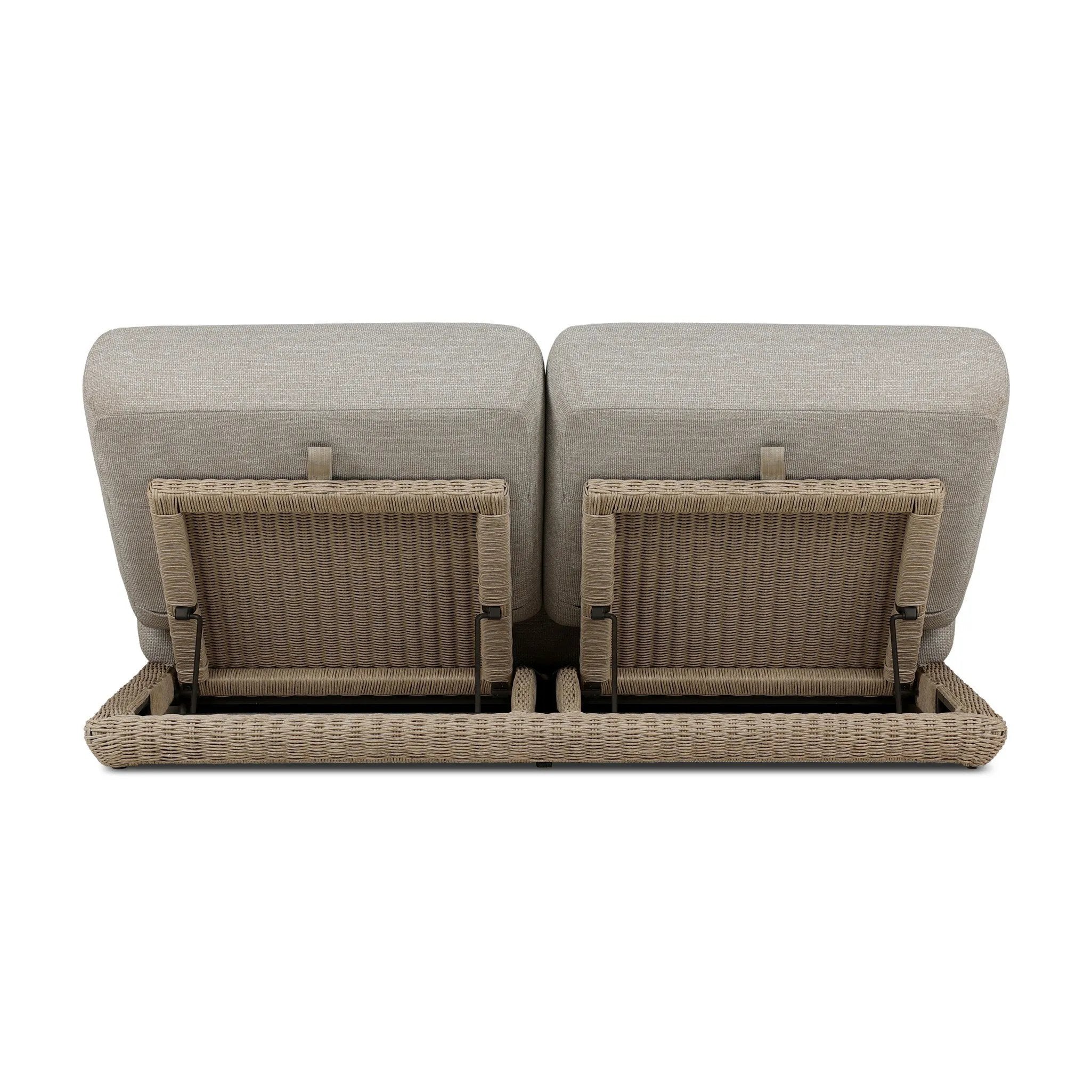Play with contrast — in shape, material and proportion. Generous, sink-in cushioning sits atop a small, tapered woven plinth base, with structured upholstery with heavy texture inviting a comfortable sit on this outdoor chaise. Cover or store indoors during inclement weather and when not in use. Amethyst Home provides interior design, new home construction design consulting, vintage area rugs, and lighting in the Calabasas metro area.