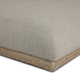 Play with contrast — in shape, material and proportion. Generous, sink-in cushioning sits atop a small, tapered woven plinth base, with structured upholstery with heavy texture inviting a comfortable sit on this outdoor chaise. Cover or store indoors during inclement weather and when not in use. Amethyst Home provides interior design, new home construction design consulting, vintage area rugs, and lighting in the Dallas metro area.