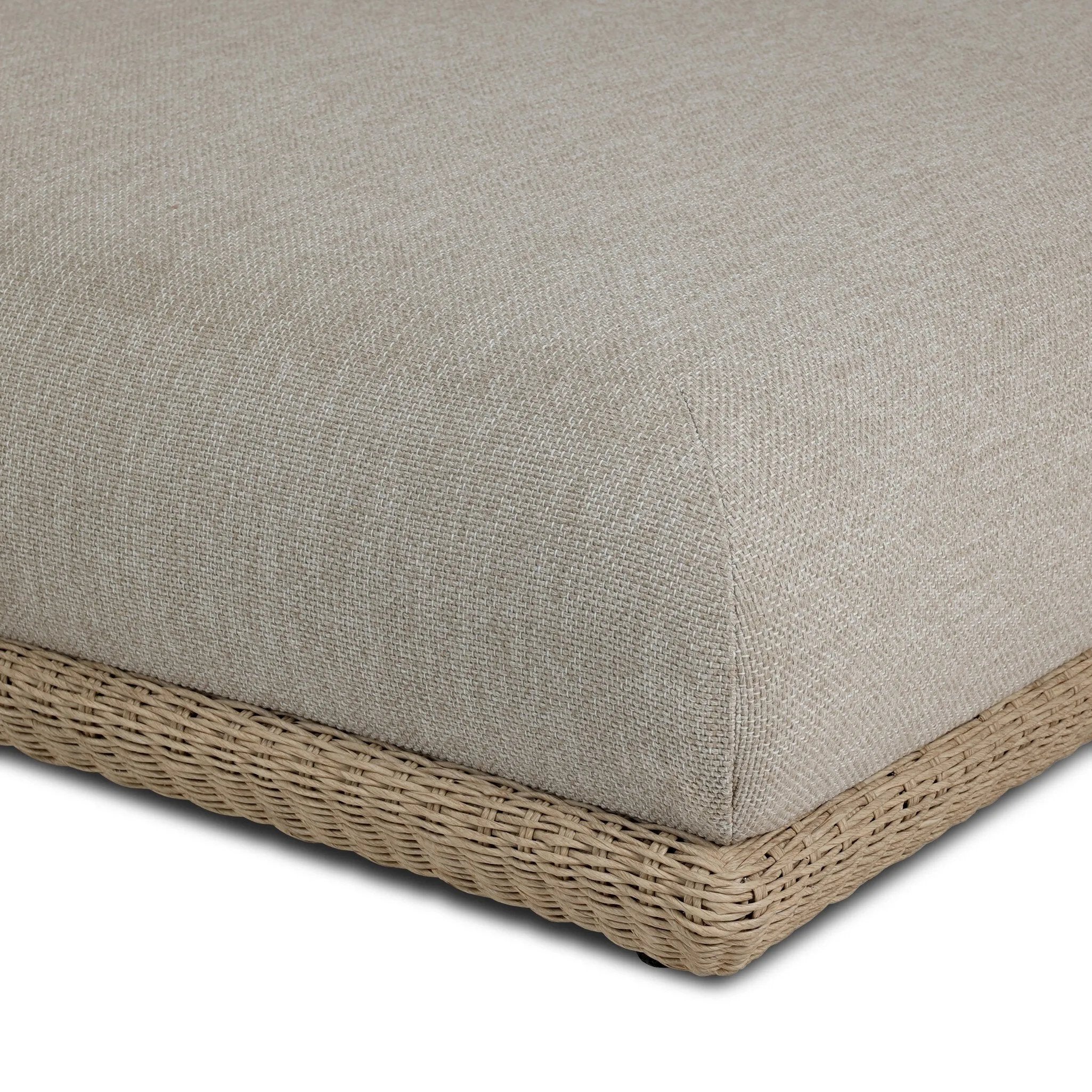 Play with contrast — in shape, material and proportion. Generous, sink-in cushioning sits atop a small, tapered woven plinth base, with structured upholstery with heavy texture inviting a comfortable sit on this outdoor chaise. Cover or store indoors during inclement weather and when not in use. Amethyst Home provides interior design, new home construction design consulting, vintage area rugs, and lighting in the Dallas metro area.