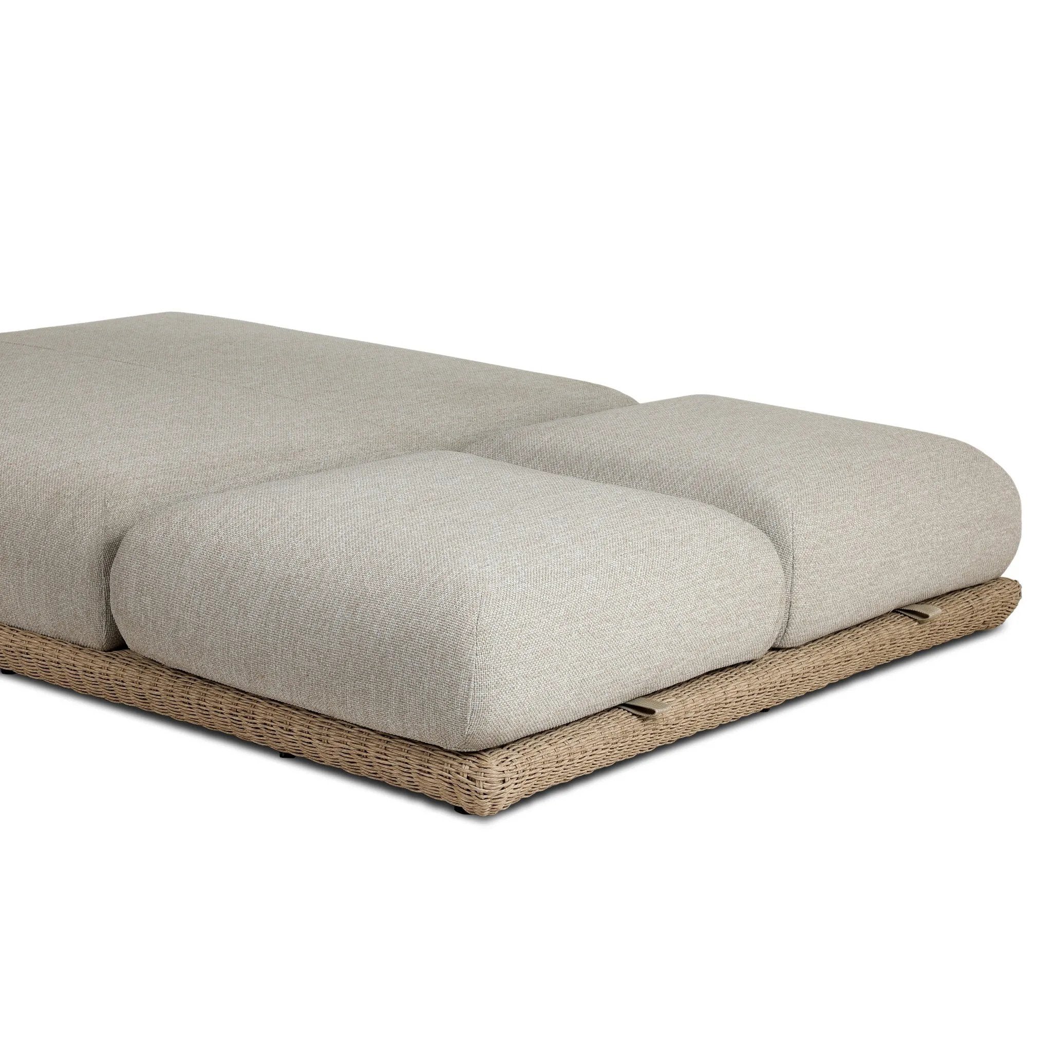 Play with contrast — in shape, material and proportion. Generous, sink-in cushioning sits atop a small, tapered woven plinth base, with structured upholstery with heavy texture inviting a comfortable sit on this outdoor chaise. Cover or store indoors during inclement weather and when not in use. Amethyst Home provides interior design, new home construction design consulting, vintage area rugs, and lighting in the Laguna Beach metro area.