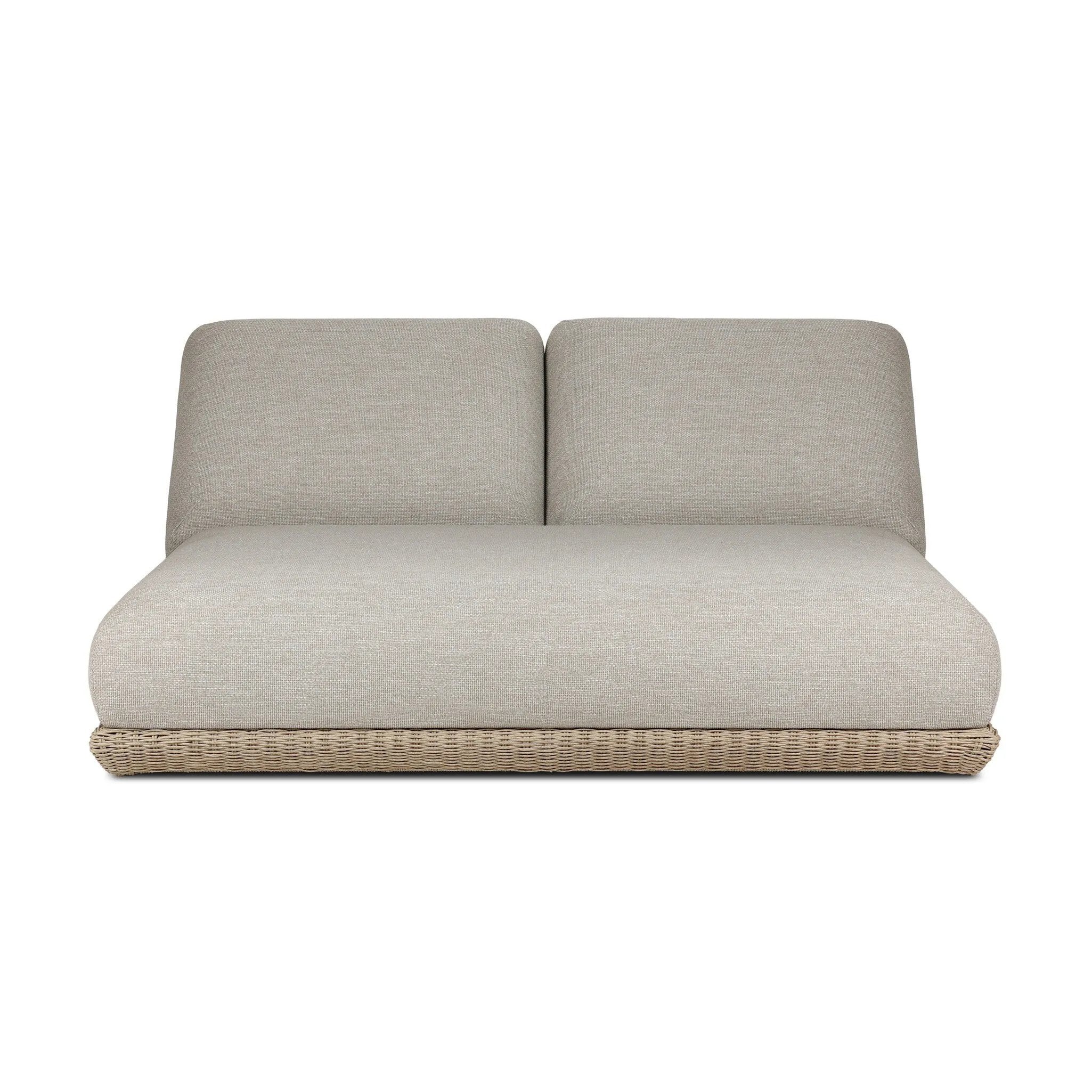Play with contrast — in shape, material and proportion. Generous, sink-in cushioning sits atop a small, tapered woven plinth base, with structured upholstery with heavy texture inviting a comfortable sit on this outdoor chaise. Cover or store indoors during inclement weather and when not in use. Amethyst Home provides interior design, new home construction design consulting, vintage area rugs, and lighting in the Newport Beach metro area.