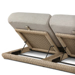Play with contrast — in shape, material and proportion. Generous, sink-in cushioning sits atop a small, tapered woven plinth base, with structured upholstery with heavy texture inviting a comfortable sit on this outdoor chaise. Cover or store indoors during inclement weather and when not in use. Amethyst Home provides interior design, new home construction design consulting, vintage area rugs, and lighting in the Omaha metro area.
