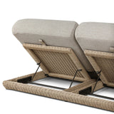 Play with contrast — in shape, material and proportion. Generous, sink-in cushioning sits atop a small, tapered woven plinth base, with structured upholstery with heavy texture inviting a comfortable sit on this outdoor chaise. Cover or store indoors during inclement weather and when not in use. Amethyst Home provides interior design, new home construction design consulting, vintage area rugs, and lighting in the Omaha metro area.