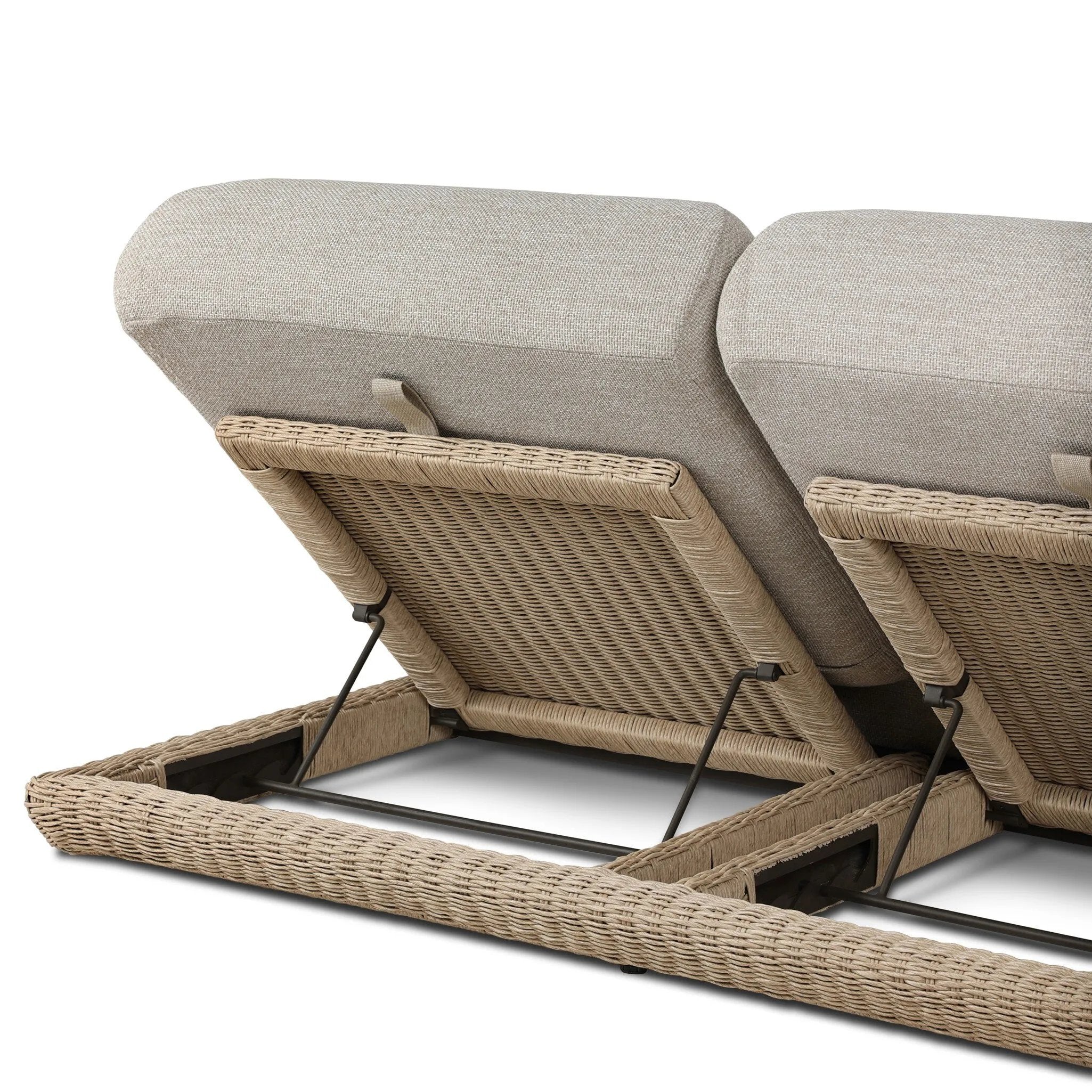 Play with contrast — in shape, material and proportion. Generous, sink-in cushioning sits atop a small, tapered woven plinth base, with structured upholstery with heavy texture inviting a comfortable sit on this outdoor chaise. Cover or store indoors during inclement weather and when not in use. Amethyst Home provides interior design, new home construction design consulting, vintage area rugs, and lighting in the Omaha metro area.