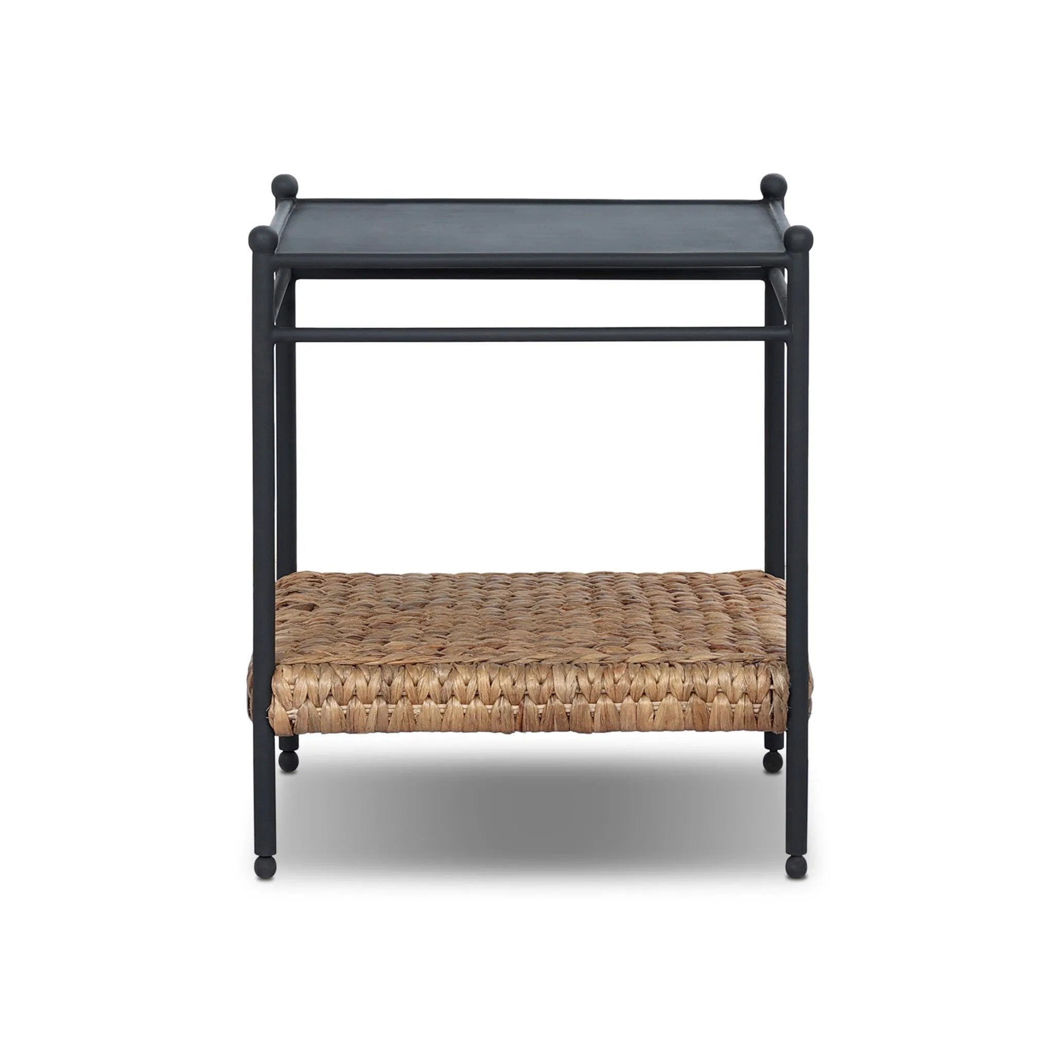 Work subtle coastal vibes into any room with this mixed-material end table, pairing woven hyacinth with charcoal-finished steel. Simplified heritage ball detailing on each leg adds a design-forward touch.As fans of organic modern aesthetics at Amethyst, we love the designer inspired Evanne End Table - Charcoal Iron. Amethyst Home provides interior design, new home construction design consulting, vintage area rugs, and lighting in the Portland metro area.