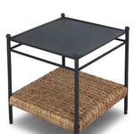 Work subtle coastal vibes into any room with this mixed-material end table, pairing woven hyacinth with charcoal-finished steel. Simplified heritage ball detailing on each leg adds a design-forward touch.As fans of organic modern aesthetics at Amethyst, we love the designer inspired Evanne End Table - Charcoal Iron. Amethyst Home provides interior design, new home construction design consulting, vintage area rugs, and lighting in the Scottsdale metro area.