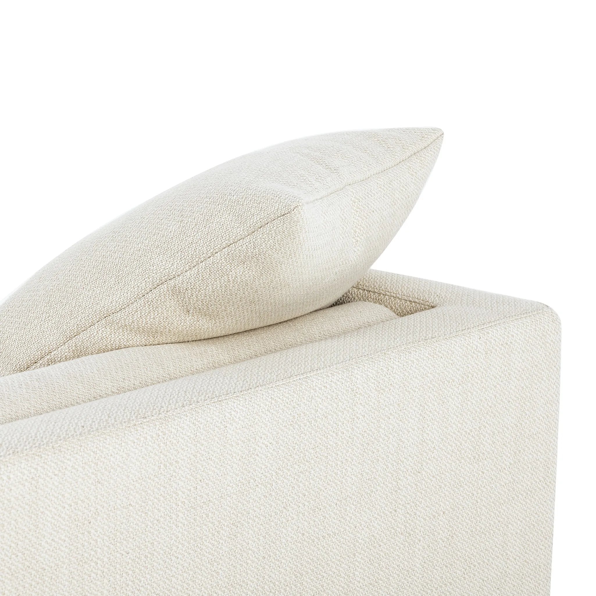 Classic goes contemporary. A cocoa-finished parawood base supports low, deep seating of performance-grade upholstery in an invitingly neutral taupe. Designed with track arms on both ends for a clean touch. Amethyst Home provides interior design, new home construction design consulting, vintage area rugs, and lighting in the Houston metro area.