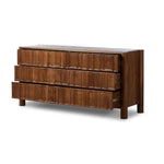 Featuring Ezri Cocoa Oak 6 Drawer Dresser by Four Hands at Amethyst Home. Cocoa-finished oak, organic carving and cylinder legs fuse for a primitive look, while wood's varying grain colors add unique character to each piece.
Overall Dimensions: 22.0" L x 70.0 " W x 33.75" H
Collection: AidenColors: Cocoa OakMaterials: Solid Oak, Solid MangoWeight: 271.3. Amethyst Home provides interior design, new home construction design consulting, vintage area rugs, and lighting in the Newport Beach metro area.