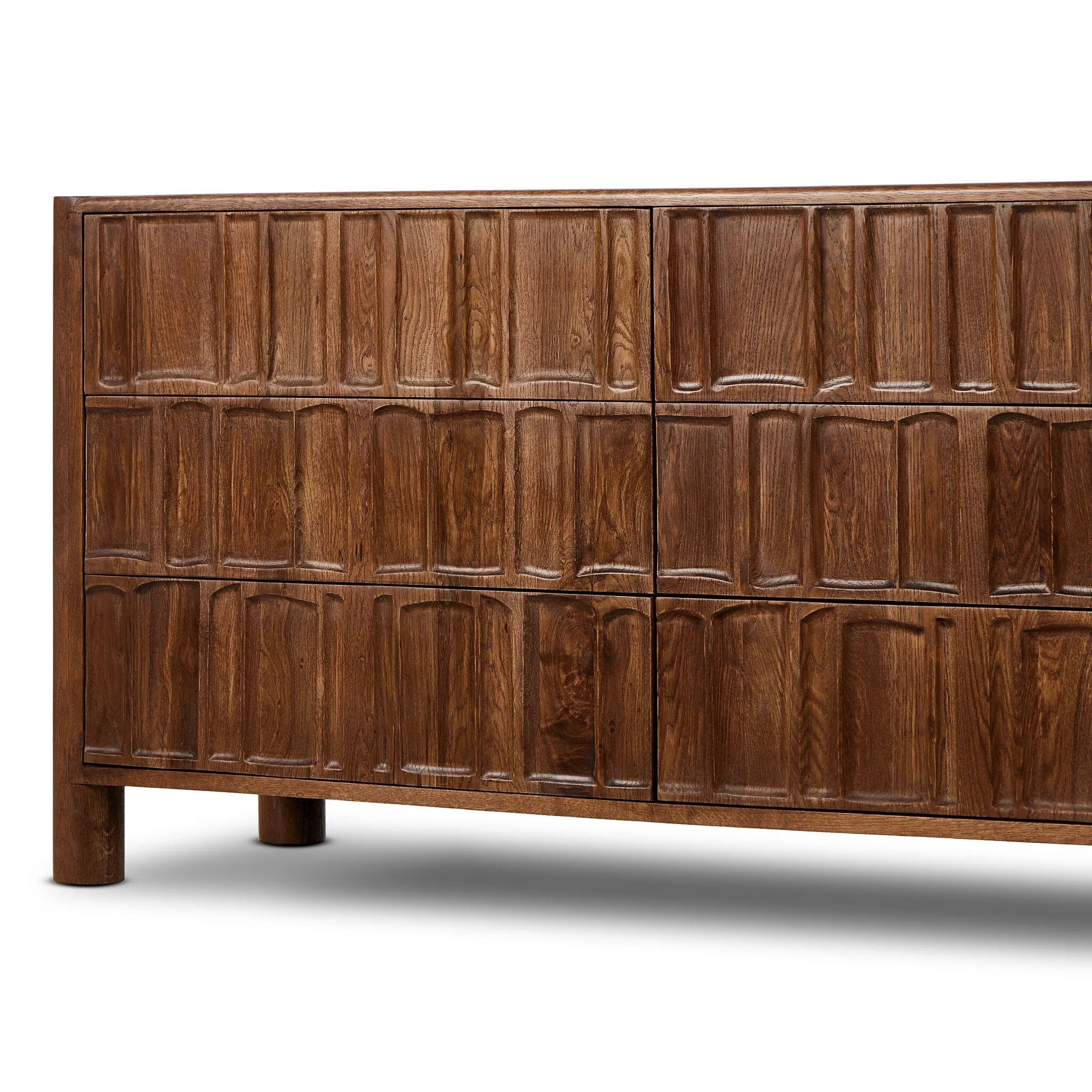 Featuring Ezri Cocoa Oak 6 Drawer Dresser by Four Hands at Amethyst Home. Cocoa-finished oak, organic carving and cylinder legs fuse for a primitive look, while wood's varying grain colors add unique character to each piece.
Overall Dimensions: 22.0" L x 70.0 " W x 33.75" H
Collection: AidenColors: Cocoa OakMaterials: Solid Oak, Solid MangoWeight: 271.39 l. Amethyst Home provides interior design, new home construction design consulting, vintage area rugs, and lighting in the Scottsdale metro area.