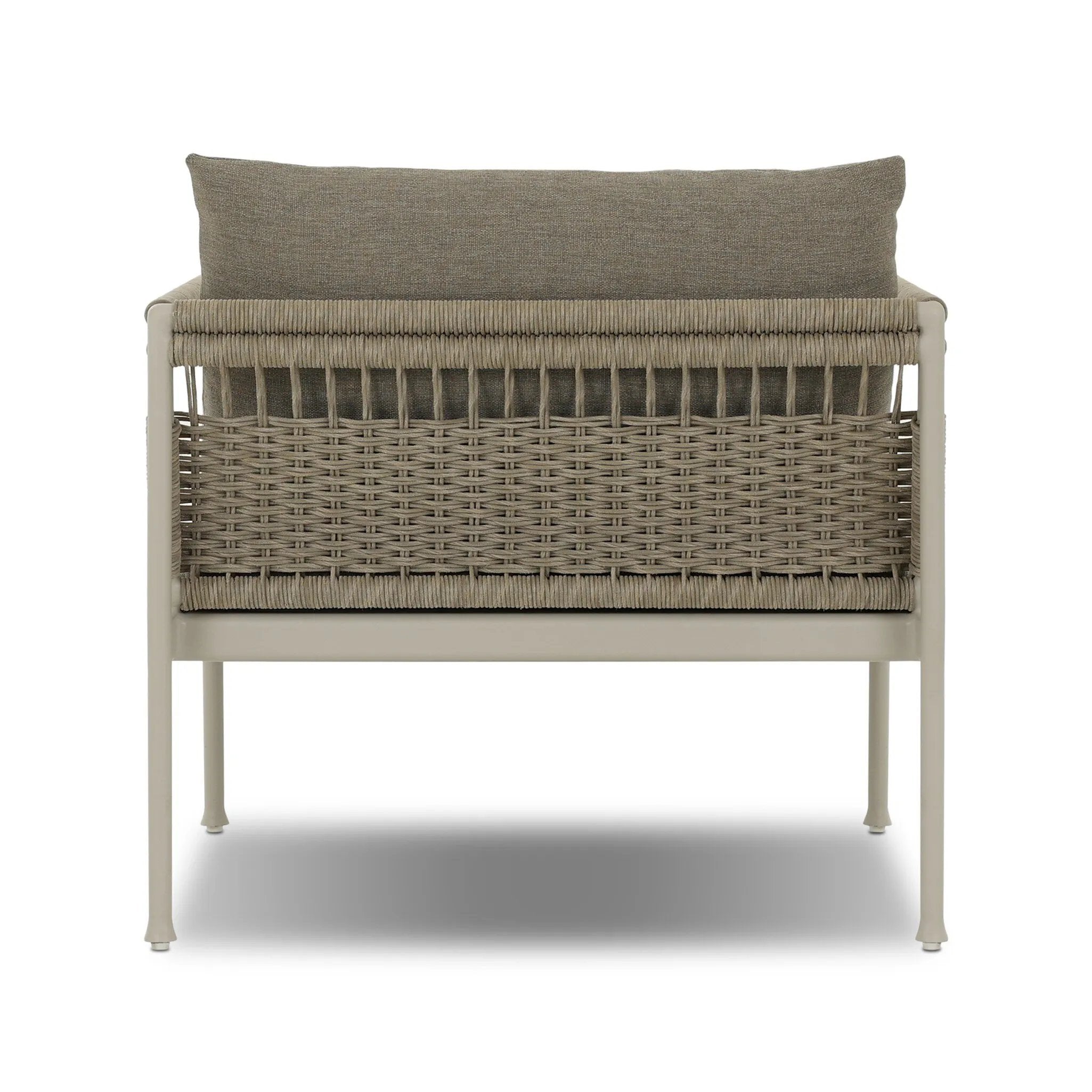 It's all in the mix with this outdoor chair, featuring a rich upholstery with a brushed texture, cord-wrapped arms and a woven back. The low-lying frame makes this the perfect seat for lounging. Cover or store inside during inclement weather and when not in use. Amethyst Home provides interior design, new home construction design consulting, vintage area rugs, and lighting in the Boston metro area.