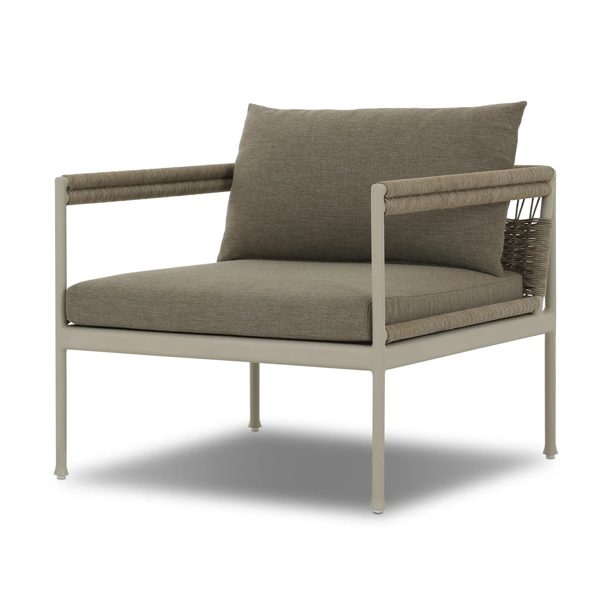 It's all in the mix with this outdoor chair, featuring a rich upholstery with a brushed texture, cord-wrapped arms and a woven back. The low-lying frame makes this the perfect seat for lounging. Cover or store inside during inclement weather and when not in use. Amethyst Home provides interior design, new home construction design consulting, vintage area rugs, and lighting in the Kansas City metro area.