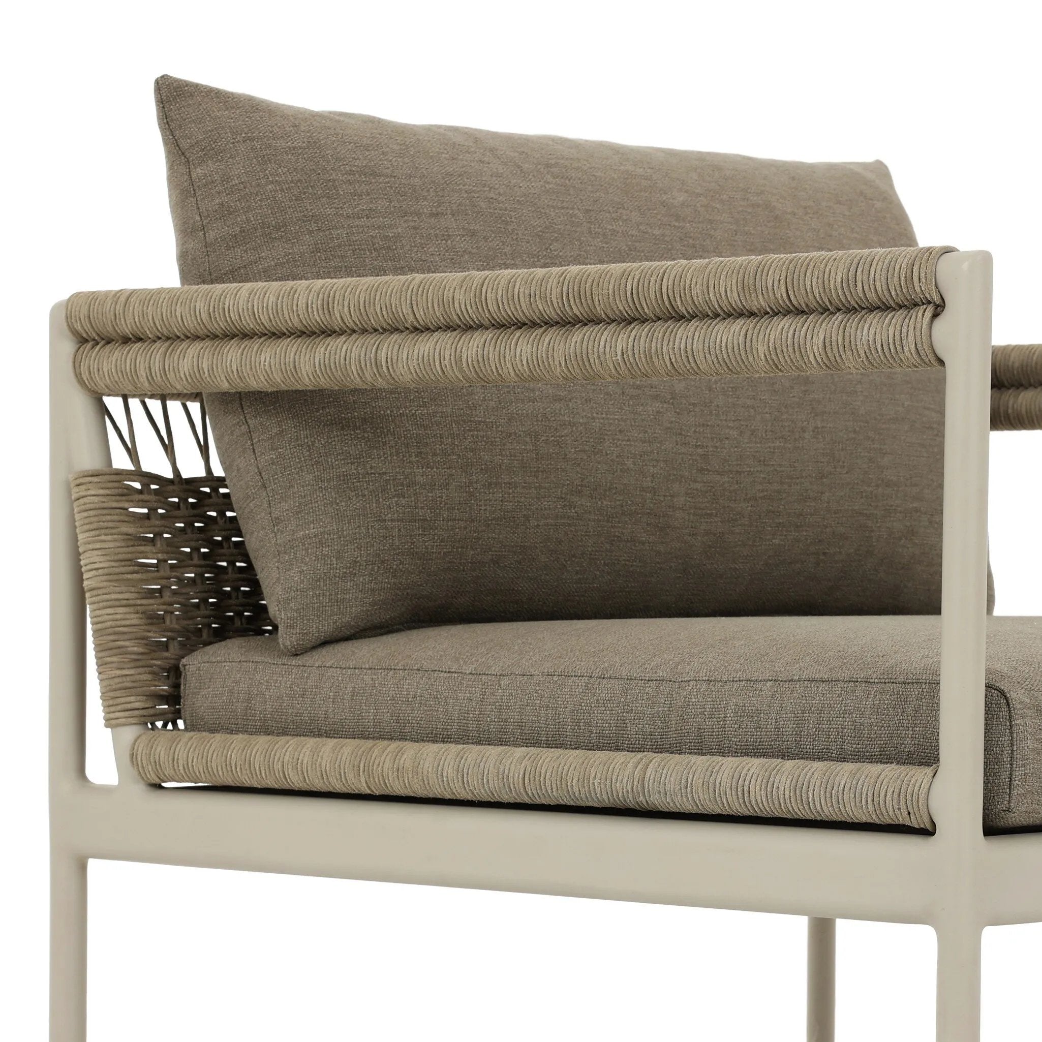 It's all in the mix with this outdoor chair, featuring a rich upholstery with a brushed texture, cord-wrapped arms and a woven back. The low-lying frame makes this the perfect seat for lounging. Cover or store inside during inclement weather and when not in use. Amethyst Home provides interior design, new home construction design consulting, vintage area rugs, and lighting in the Monterey metro area.