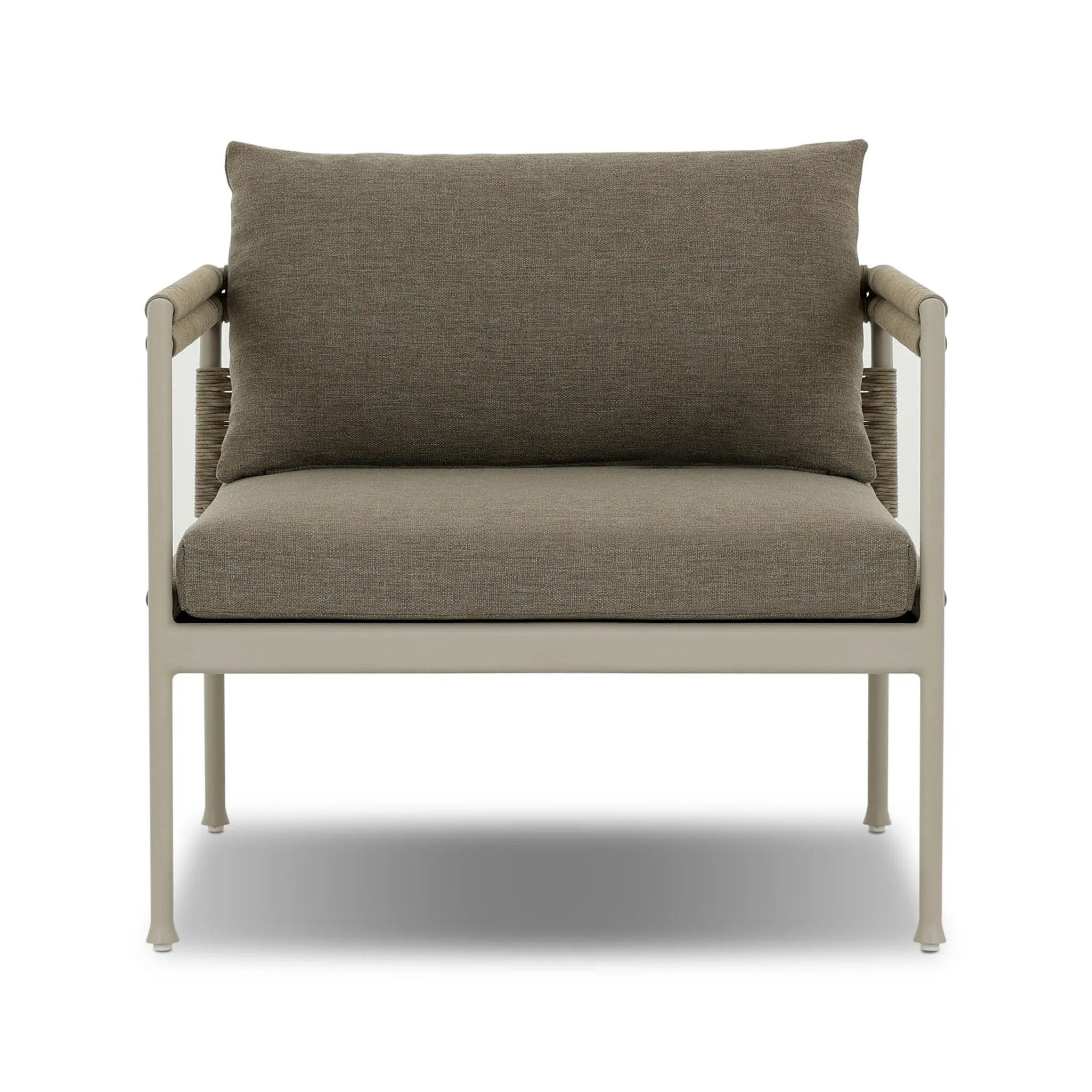 It's all in the mix with this outdoor chair, featuring a rich upholstery with a brushed texture, cord-wrapped arms and a woven back. The low-lying frame makes this the perfect seat for lounging. Cover or store inside during inclement weather and when not in use. Amethyst Home provides interior design, new home construction design consulting, vintage area rugs, and lighting in the Newport Beach metro area.