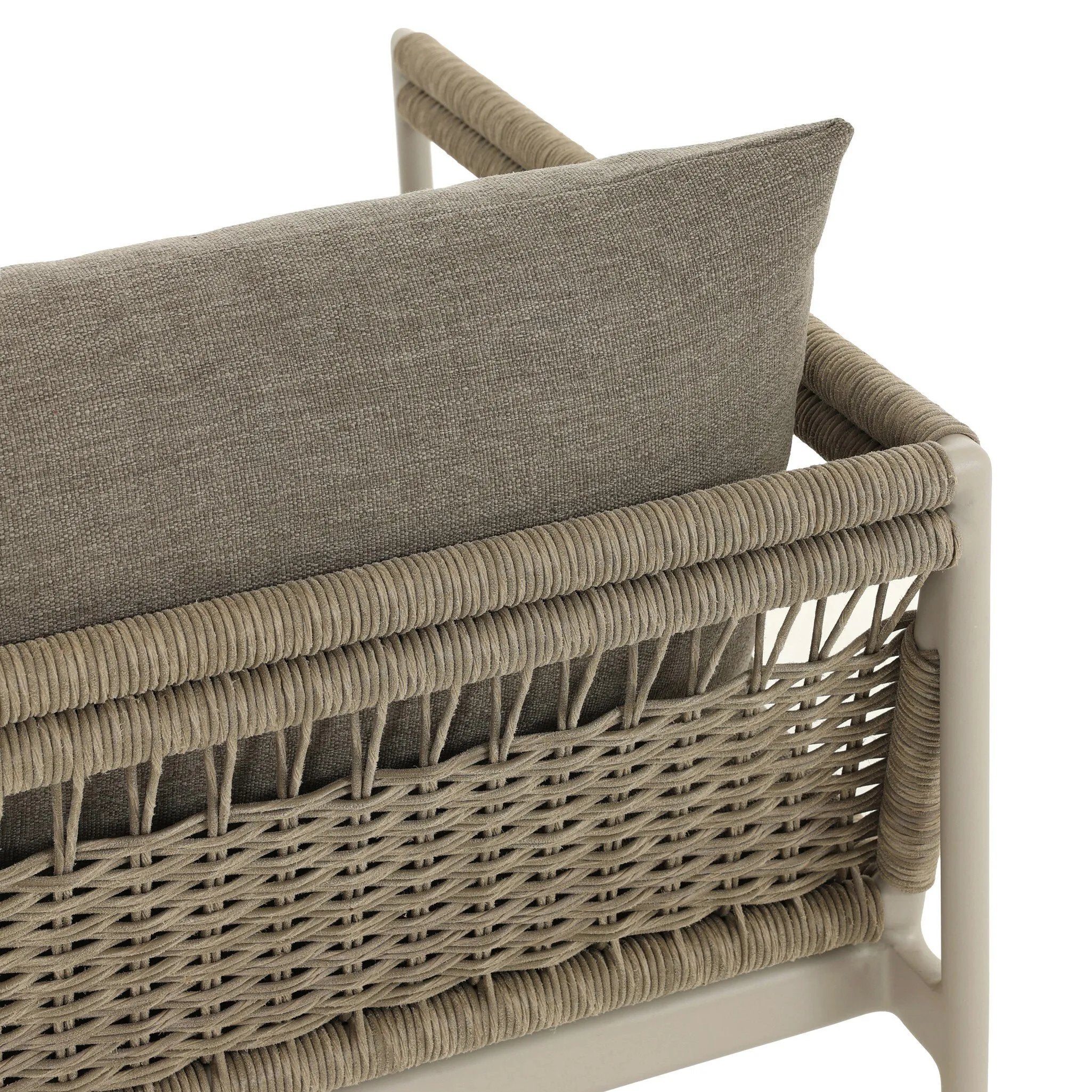 It's all in the mix with this outdoor chair, featuring a rich upholstery with a brushed texture, cord-wrapped arms and a woven back. The low-lying frame makes this the perfect seat for lounging. Cover or store inside during inclement weather and when not in use. Amethyst Home provides interior design, new home construction design consulting, vintage area rugs, and lighting in the Omaha metro area.