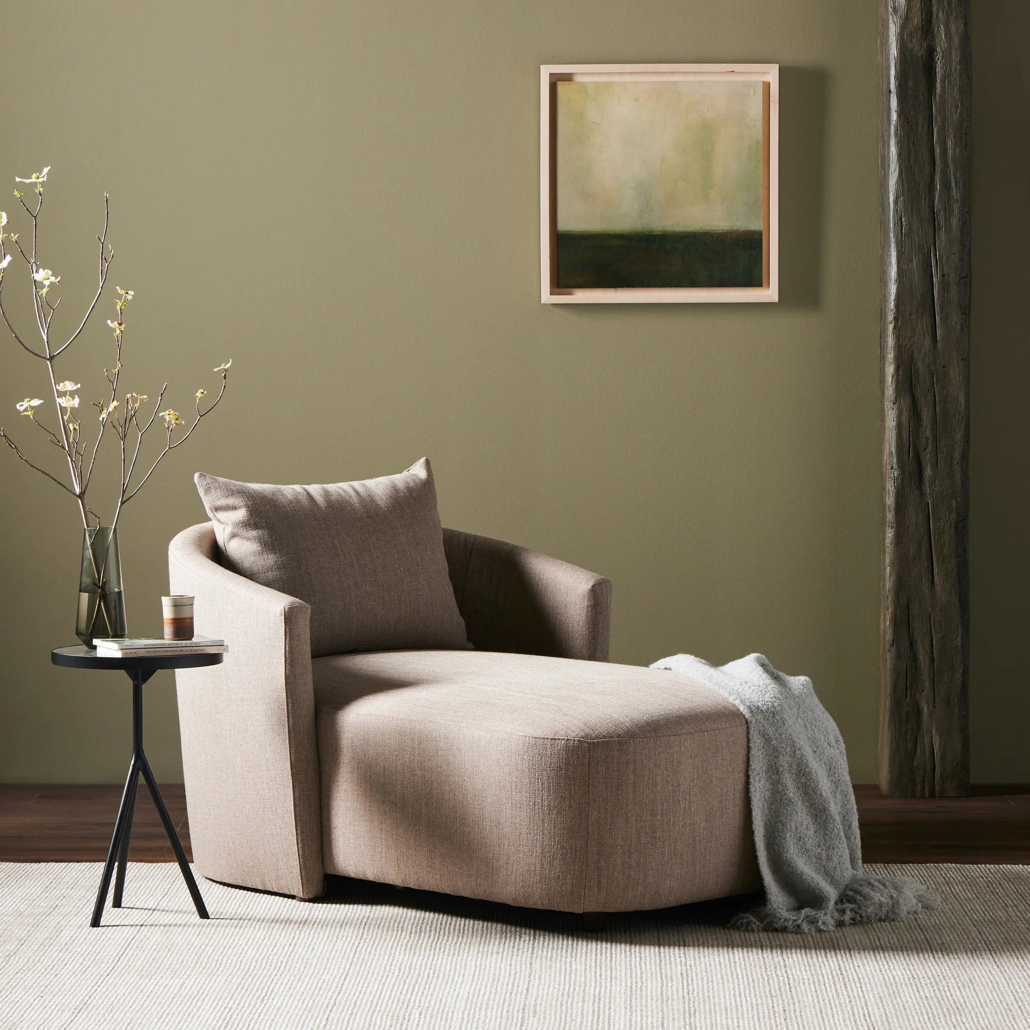Featuring Farrah Alcala Fawn Chaise Lounge by Four Hands at Amethyst Home. Overall Dimensions: 39.00"w x 58.50"d x 33.50"hWeight : 81.57 lbsMaterials: 70% Polyester, 20% Viscose (Rayon), 10% Flax/Linen, Pine Plywood, Solid Pine. Amethyst Home provides interior design, new home construction design consulting, vintage area rugs, and lighting in the San Diego metro area.