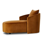 Featuring Farrah Ingram Ochre Chaise Lounge by Four Hands at Amethyst Home. Velvety, burnt orange polyester covers this sculpted pill shape lounger, with a single pillow for added comfort.Overall Dimensions: 39.00"w x 58.50"d x 33.50"hWeight : 81.57 lbsMaterials: 100% Polyester, Pine Plywood, Solid Pine. Amethyst Home provides interior design, new home construction design consulting, vintage area rugs, and lighting in the Charlotte metro area.