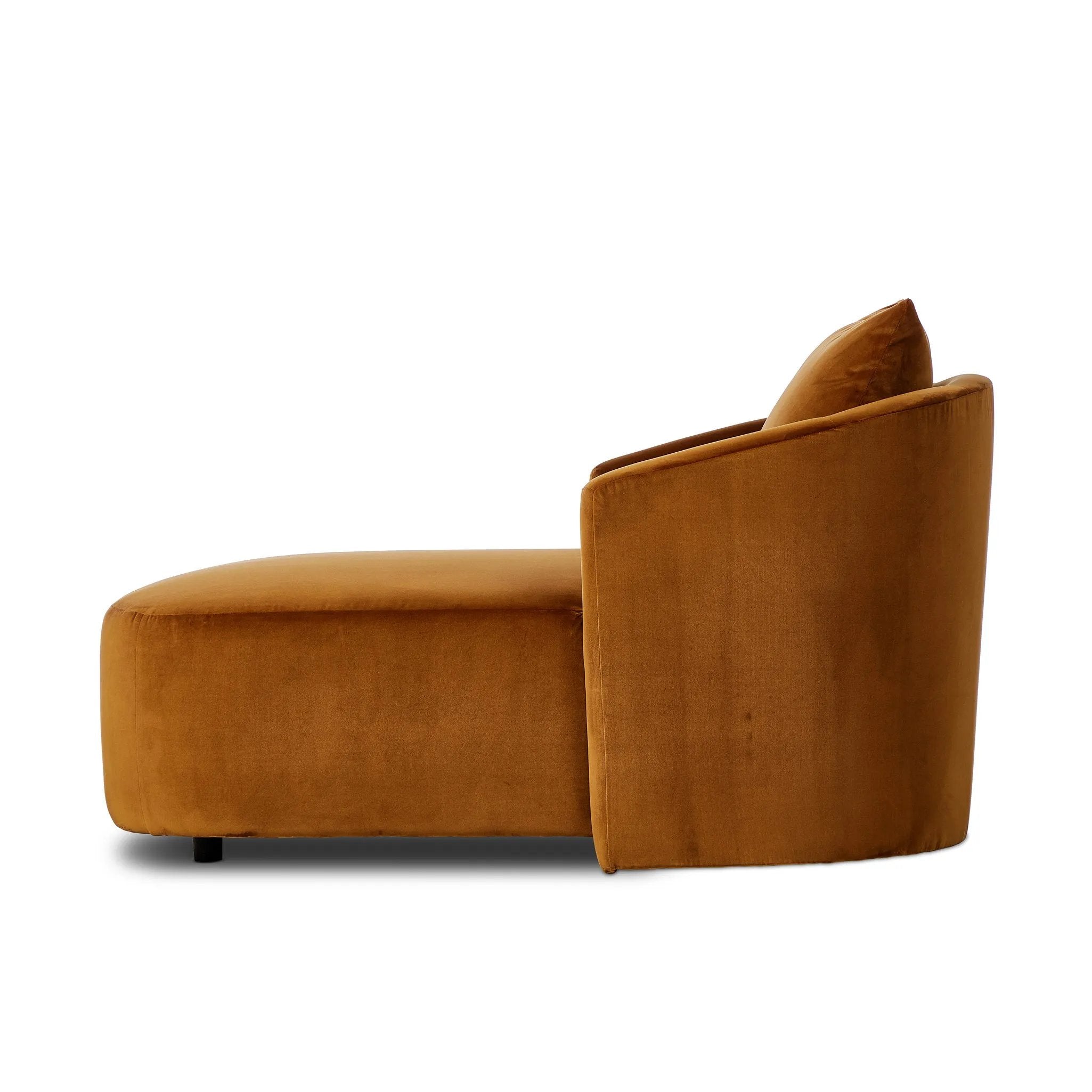 Featuring Farrah Ingram Ochre Chaise Lounge by Four Hands at Amethyst Home. Velvety, burnt orange polyester covers this sculpted pill shape lounger, with a single pillow for added comfort.Overall Dimensions: 39.00"w x 58.50"d x 33.50"hWeight : 81.57 lbsMaterials: 100% Polyester, Pine Plywood, Solid Pine. Amethyst Home provides interior design, new home construction design consulting, vintage area rugs, and lighting in the Newport Beach metro area.
