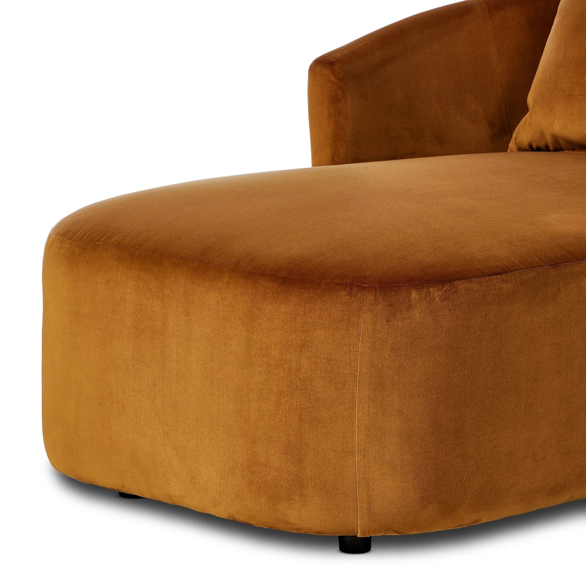 Featuring Farrah Ingram Ochre Chaise Lounge by Four Hands at Amethyst Home. Velvety, burnt orange polyester covers this sculpted pill shape lounger, with a single pillow for added comfort.Overall Dimensions: 39.00"w x 58.50"d x 33.50"hWeight : 81.57 lbsMaterials: 100% Polyester, Pine Plywood, Solid Pine. Amethyst Home provides interior design, new home construction design consulting, vintage area rugs, and lighting in the San Diego metro area.