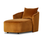 Featuring Farrah Ingram Ochre Chaise Lounge by Four Hands at Amethyst Home. Velvety, burnt orange polyester covers this sculpted pill shape lounger, with a single pillow for added comfort.Overall Dimensions: 39.00"w x 58.50"d x 33.50"hWeight : 81.57 lbsMaterials: 100% Polyester, Pine Plywood, Solid Pine. Amethyst Home provides interior design, new home construction design consulting, vintage area rugs, and lighting in the Seattle metro area.