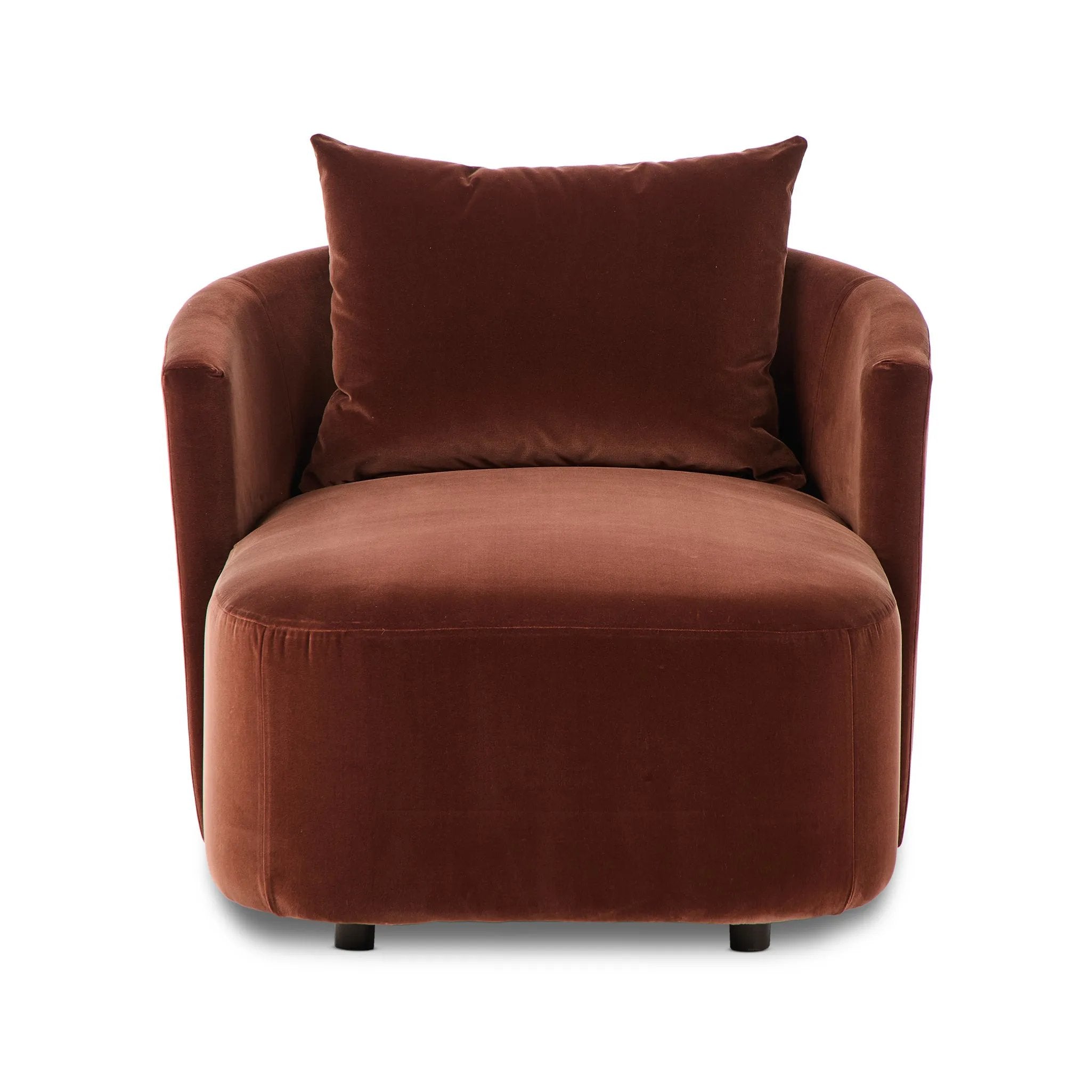 Casual and sculpted, velvety auburn fabric and a pill-shaped chaise take this lounger to the next level Amethyst Home provides interior design, new home construction design consulting, vintage area rugs, and lighting in the Des Moines metro area.