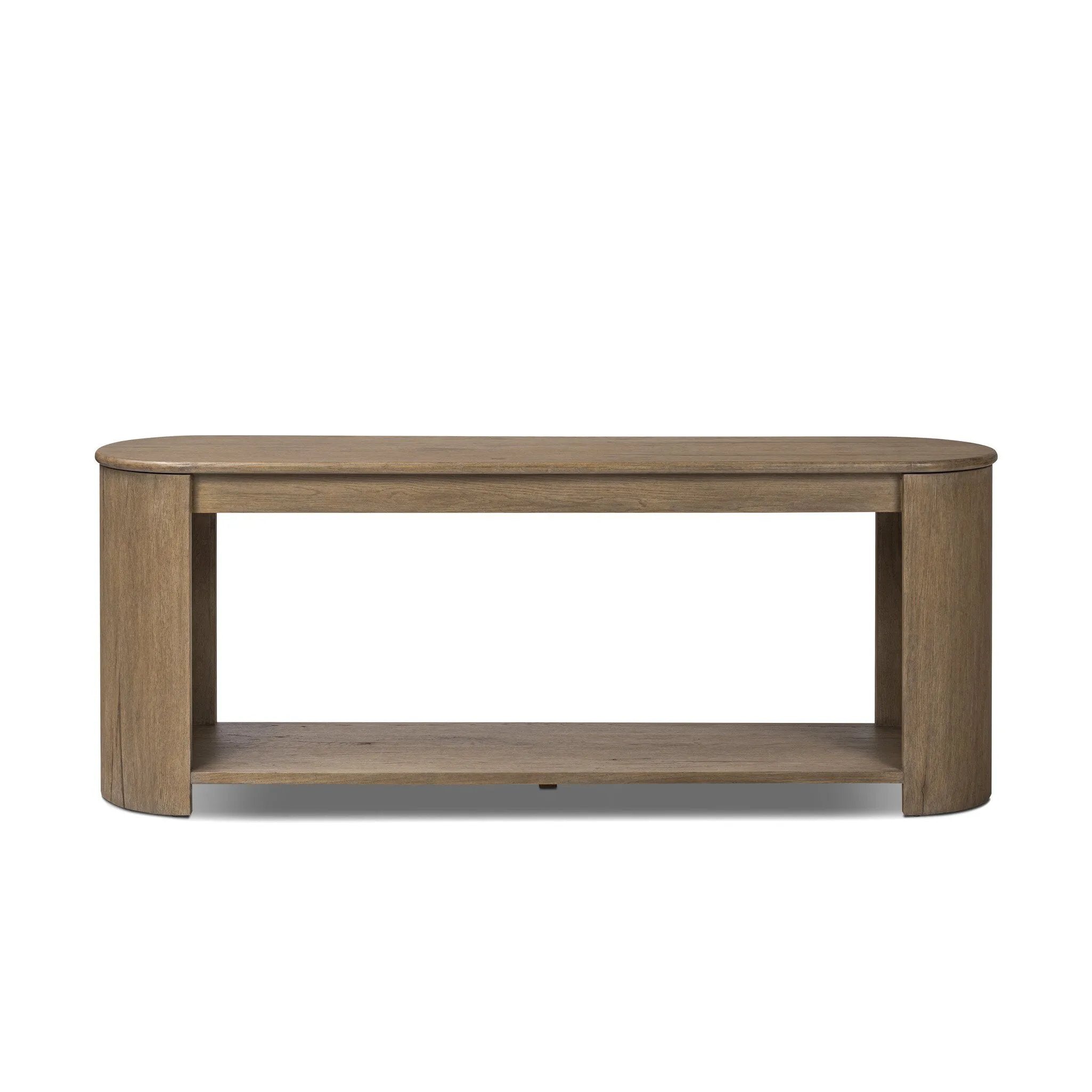 A simple pill-shaped console table, refreshed with intriguing design details. Made from warm, light-finished oak, open lower shelving creates endless storage and styling options for your living or media room. Three drawers bring even more storage, while bullnose and relief detailing adds an artisan touch to this piece Amethyst Home provides interior design, new home construction design consulting, vintage area rugs, and lighting in the Dallas metro area.