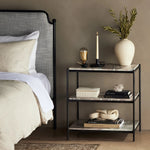 Add a pop of sophistication to any space. Naturally variegated marble hues offer three refreshing tiers of smooth shelving for plenty of space, while hammered grey-finished iron framing places a feminine, high-contrast spin on bedside storage Amethyst Home provides interior design, new home construction design consulting, vintage area rugs, and lighting in the Charlotte metro area.