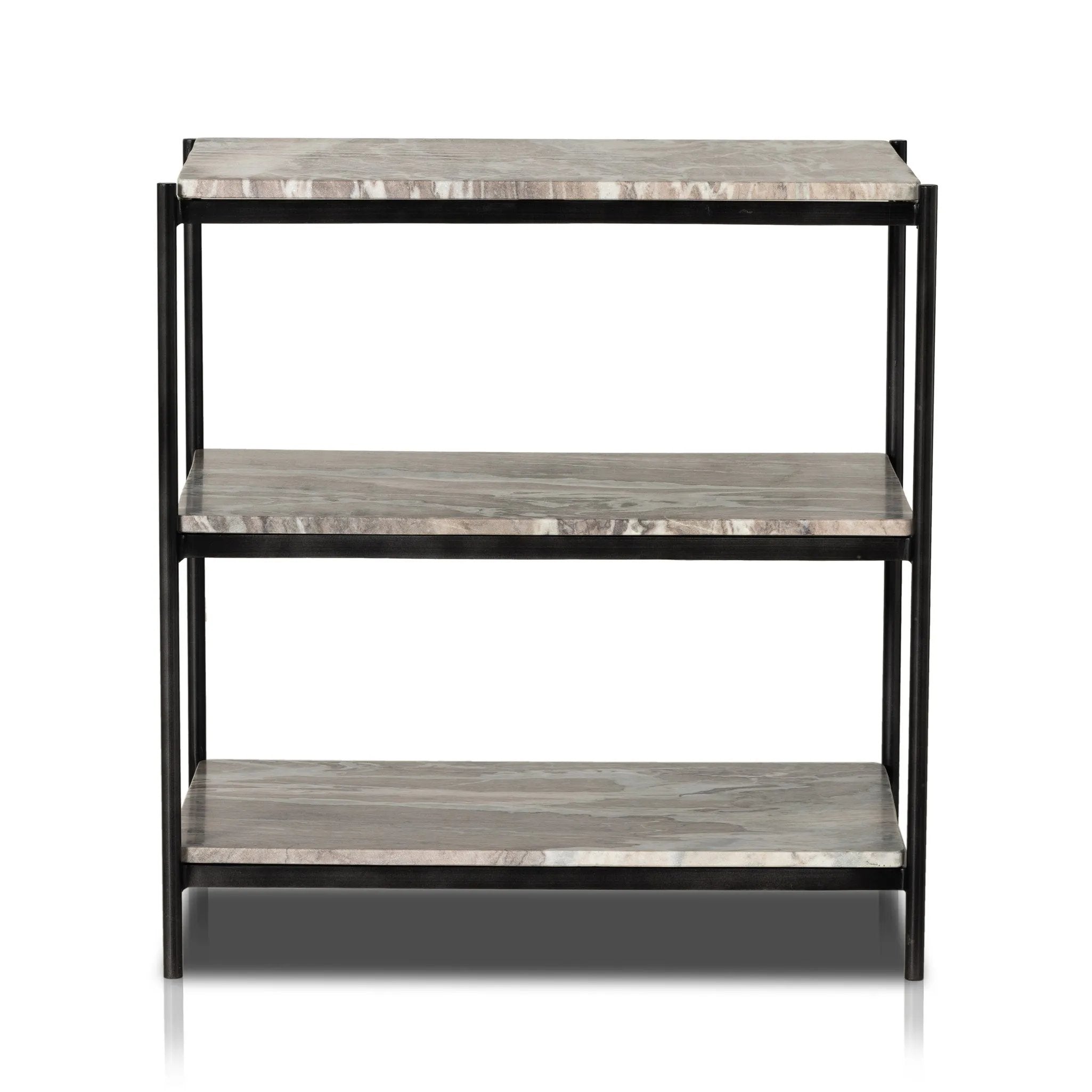 Add a pop of sophistication to any space. Naturally variegated marble hues offer three refreshing tiers of smooth shelving for plenty of space, while hammered grey-finished iron framing places a feminine, high-contrast spin on bedside storage Amethyst Home provides interior design, new home construction design consulting, vintage area rugs, and lighting in the Park City metro area.