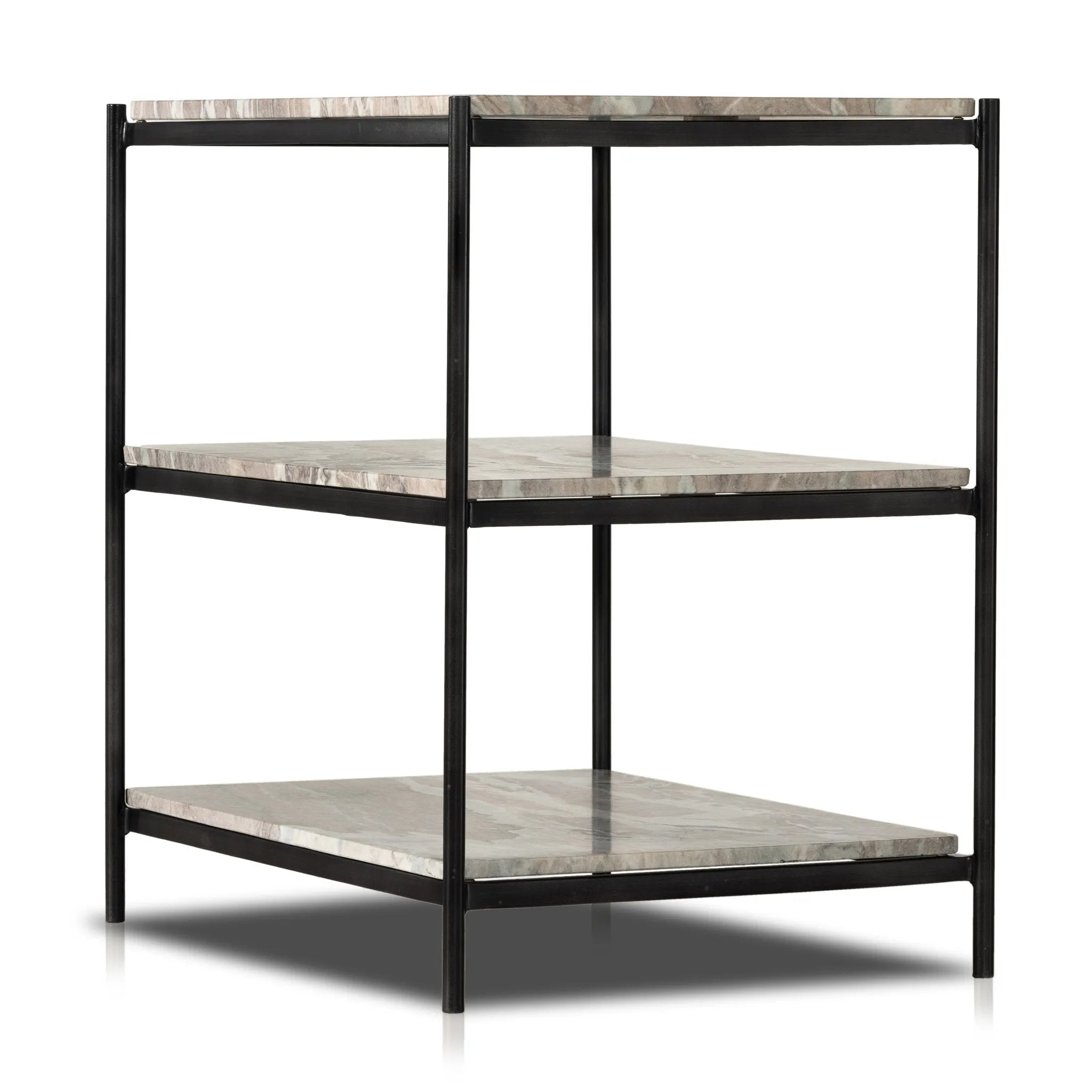 Add a pop of sophistication to any space. Naturally variegated marble hues offer three refreshing tiers of smooth shelving for plenty of space, while hammered grey-finished iron framing places a feminine, high-contrast spin on bedside storage Amethyst Home provides interior design, new home construction design consulting, vintage area rugs, and lighting in the Portland metro area.