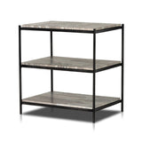 Add a pop of sophistication to any space. Naturally variegated marble hues offer three refreshing tiers of smooth shelving for plenty of space, while hammered grey-finished iron framing places a feminine, high-contrast spin on bedside storage Amethyst Home provides interior design, new home construction design consulting, vintage area rugs, and lighting in the Scottsdale metro area.