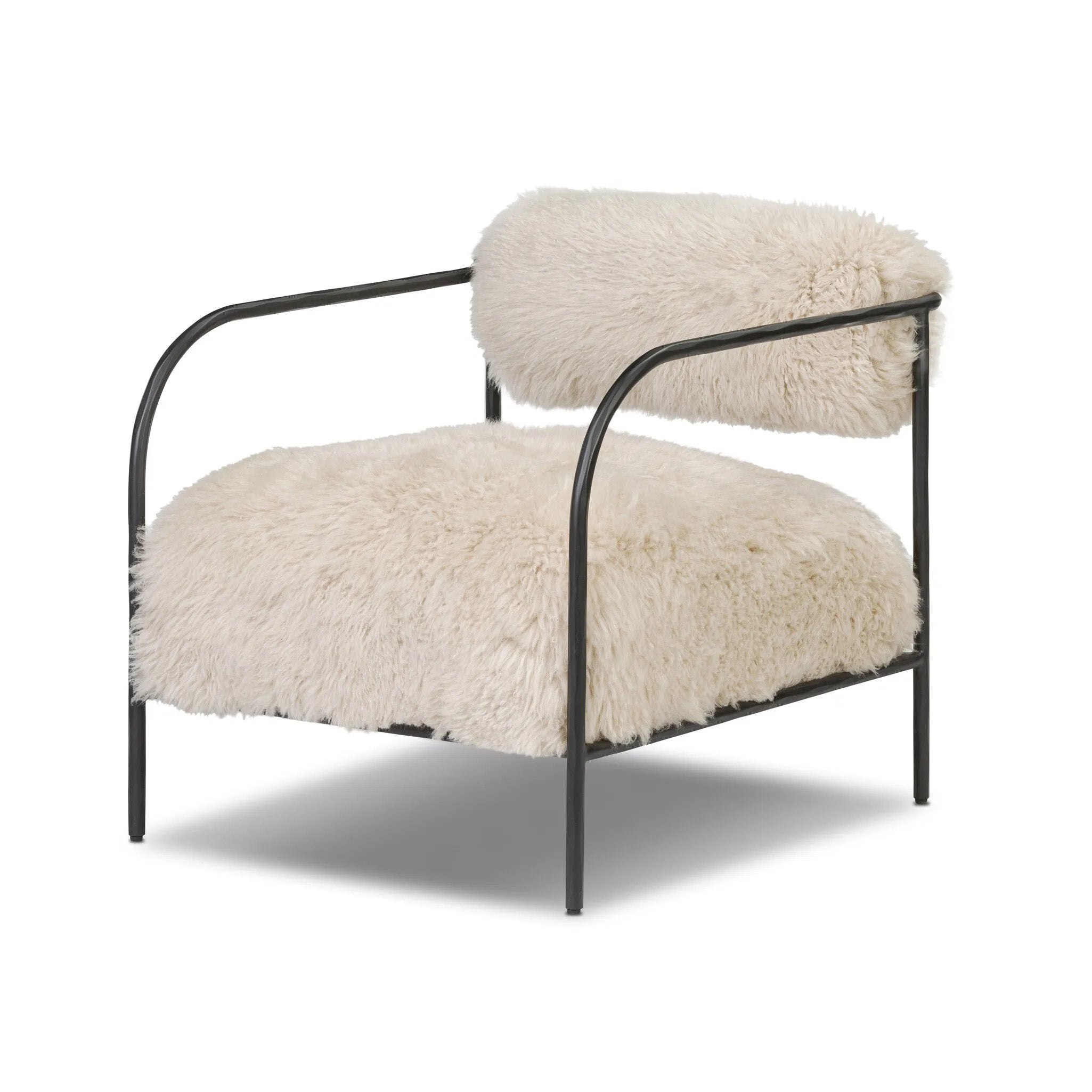 A textural take on a timeless silhouette. Hammered iron frames a squared seat and bolster back upholstered in off-white Mongolian fur Amethyst Home provides interior design, new home construction design consulting, vintage area rugs, and lighting in the Charlotte metro area.