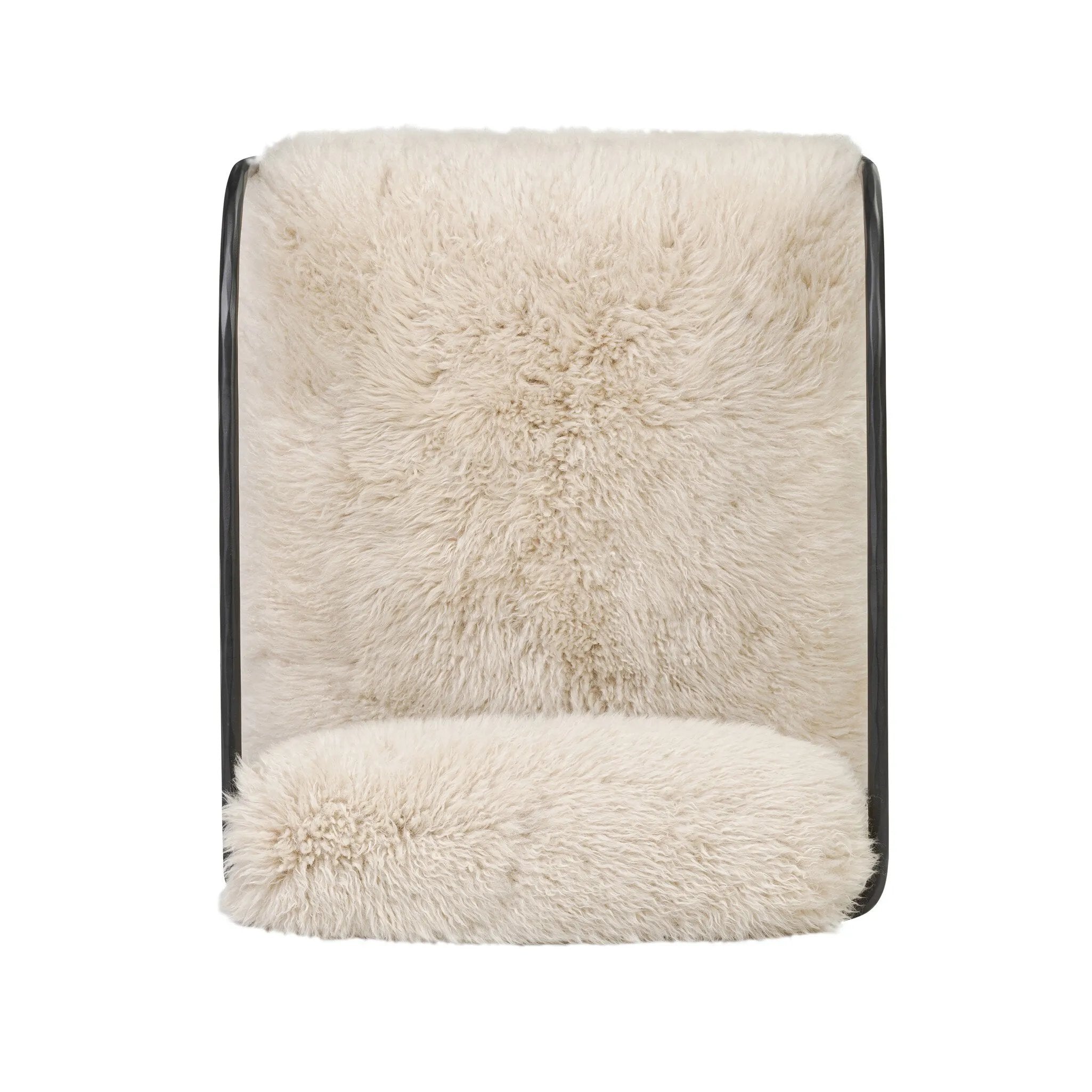 A textural take on a timeless silhouette. Hammered iron frames a squared seat and bolster back upholstered in off-white Mongolian fur Amethyst Home provides interior design, new home construction design consulting, vintage area rugs, and lighting in the Portland metro area.