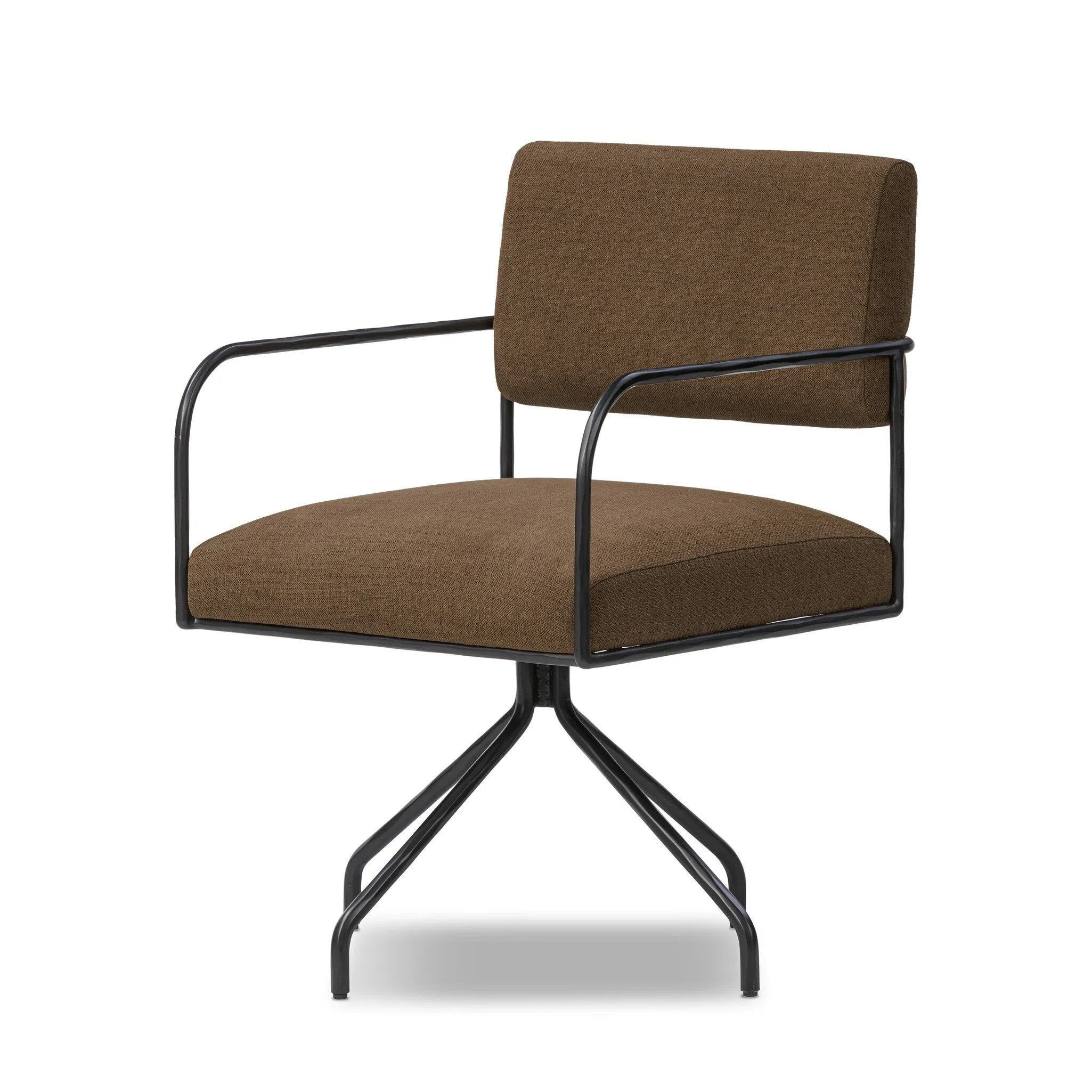 A dramatically slim frame of black hammered iron supports comfortable swivel seating upholstered in specialized performance fabric. Soft, easy to clean and free of PFAS, Crypton® performance fabric is specially engineered for protection against stains, moisture and odor Amethyst Home provides interior design, new home construction design consulting, vintage area rugs, and lighting in the Charlotte metro area.