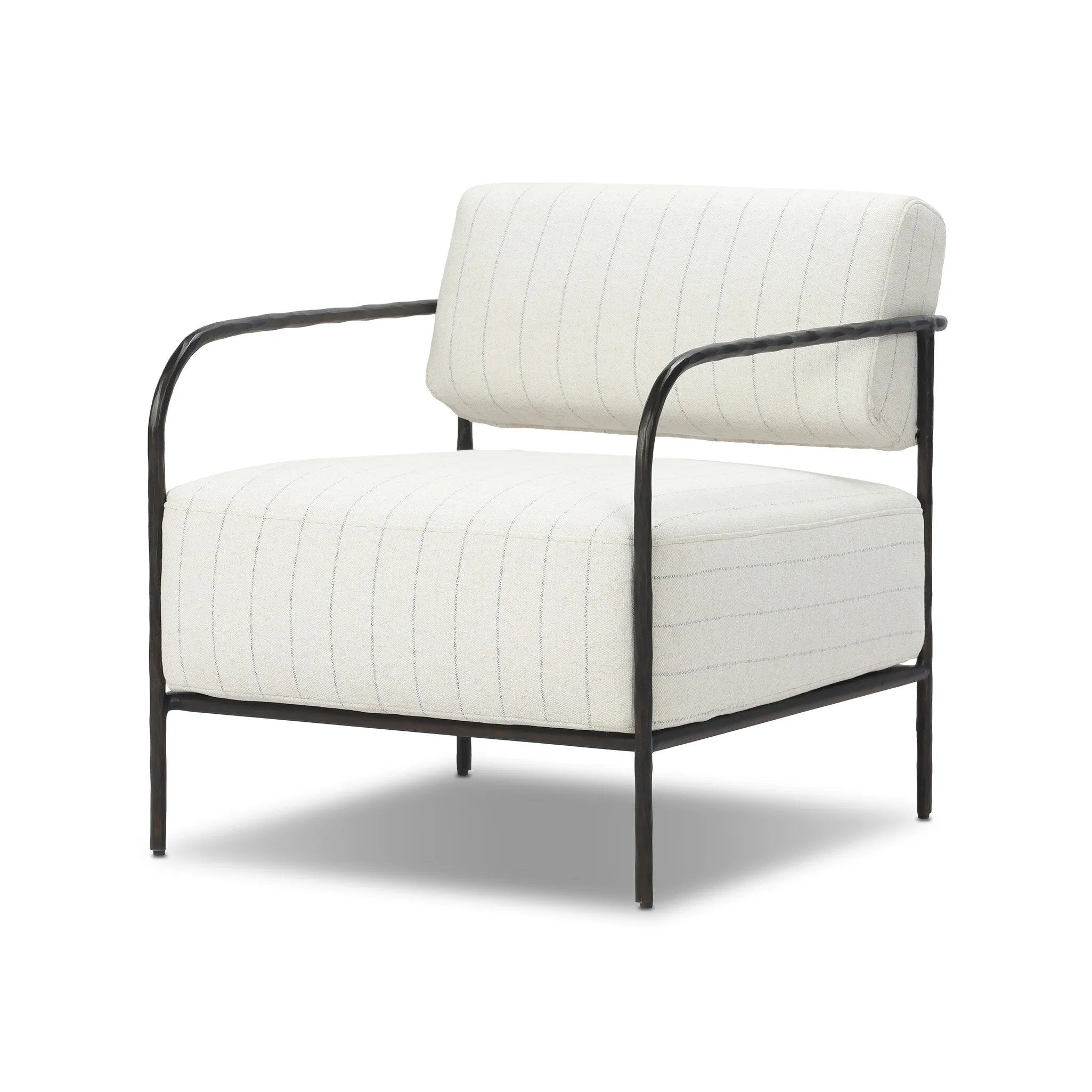 A slim take on a timeless silhouette. Hammered iron frames a squared seat and bolster back upholstered in striped, neutral fabric. Cover or store inside during inclement weather and when not in use.As enthusiasts of organic modern style at Amethyst, we love the nature inspired Fenn Outdoor Chair - Amalfi Natural. Amethyst Home provides interior design, new home construction design consulting, vintage area rugs, and lighting in the Alpharetta metro area.