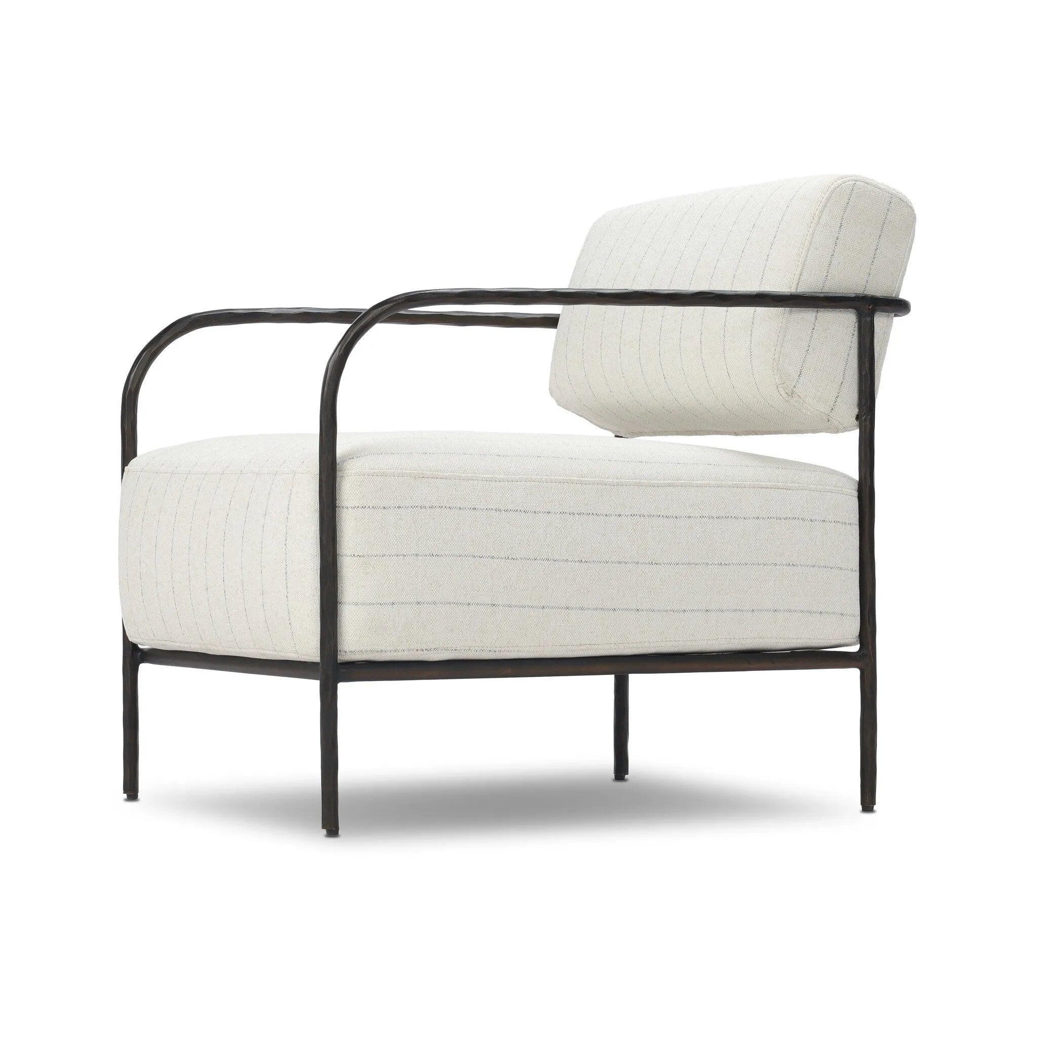 A slim take on a timeless silhouette. Hammered iron frames a squared seat and bolster back upholstered in striped, neutral fabric. Cover or store inside during inclement weather and when not in use.As enthusiasts of organic modern style at Amethyst, we love the nature inspired Fenn Outdoor Chair - Amalfi Natural. Amethyst Home provides interior design, new home construction design consulting, vintage area rugs, and lighting in the Austin metro area.