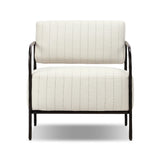 A slim take on a timeless silhouette. Hammered iron frames a squared seat and bolster back upholstered in striped, neutral fabric. Cover or store inside during inclement weather and when not in use.As enthusiasts of organic modern style at Amethyst, we love the nature inspired Fenn Outdoor Chair - Amalfi Natural. Amethyst Home provides interior design, new home construction design consulting, vintage area rugs, and lighting in the Newport Beach metro area.