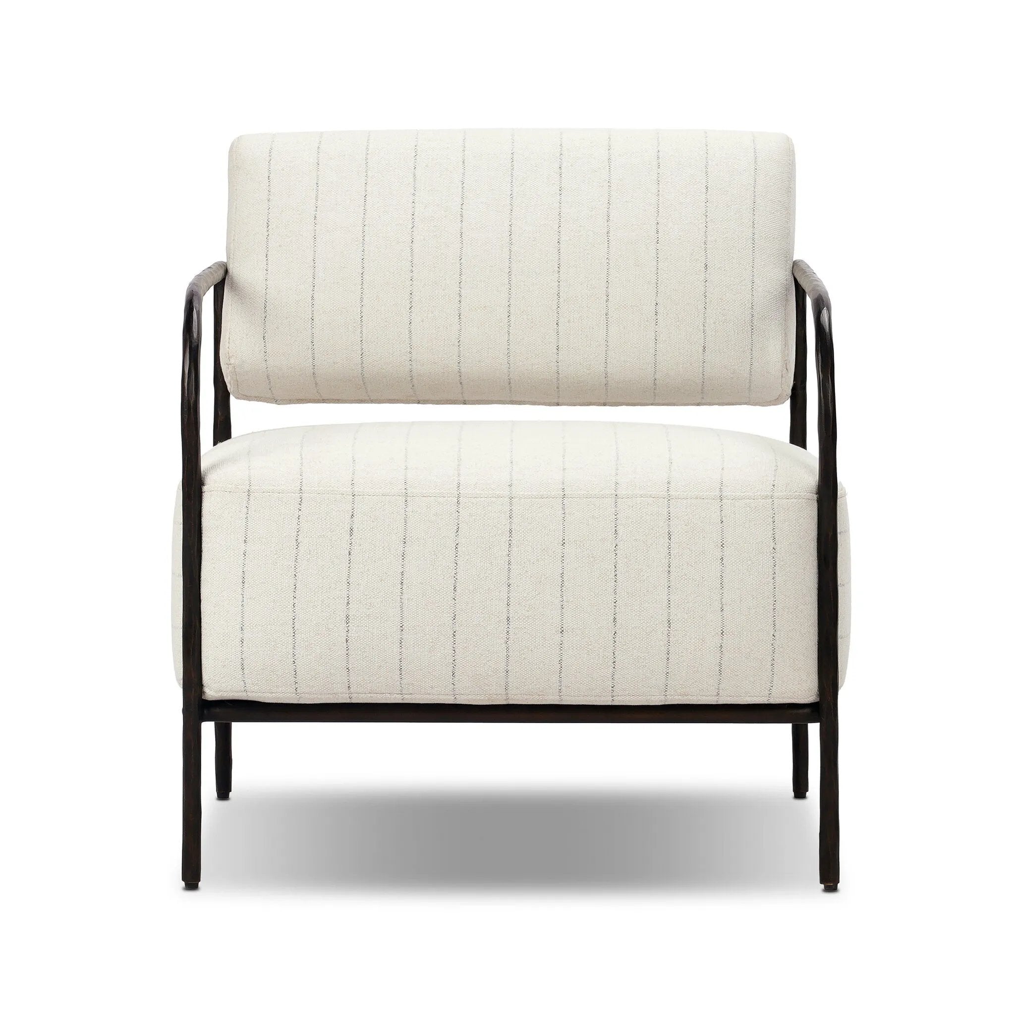 A slim take on a timeless silhouette. Hammered iron frames a squared seat and bolster back upholstered in striped, neutral fabric. Cover or store inside during inclement weather and when not in use.As enthusiasts of organic modern style at Amethyst, we love the nature inspired Fenn Outdoor Chair - Amalfi Natural. Amethyst Home provides interior design, new home construction design consulting, vintage area rugs, and lighting in the Newport Beach metro area.