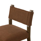 Mixed materials at their finest. Brown parawood forms a slight, simple frame for squared seating of neutral performance-grade upholstery. Charcoal top-grain leather backing takes this modern-minded dining chair to the next level Amethyst Home provides interior design, new home construction design consulting, vintage area rugs, and lighting in the Austin metro area.