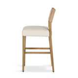 Featuring Ferris Thames Cream Bar + Counter Stool by Four Hands at Amethyst Home. Perfectly sized for the counter, burnished parawood frames squared seating of high-performance fabric, with beige top-grain leather backing. Performance fabrics are specially created to withstand spills, stains, high traffic and wear, ensuring long-term comfort and unmatched dura. Amethyst Home provides interior design, new home construction design consulting, vintage area rugs, and lighting in the Austin metro area.
