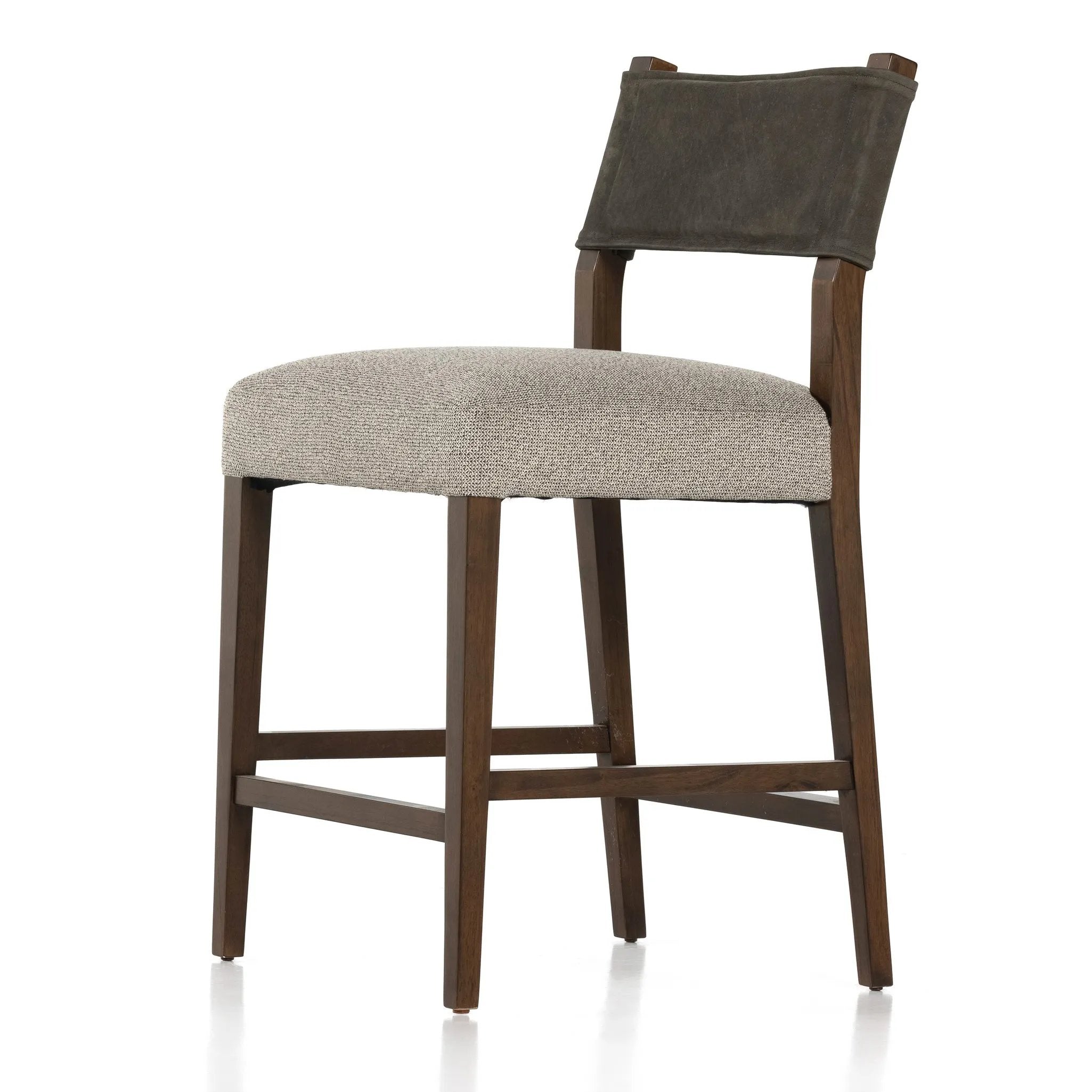Featuring Ferris Tulsa Ink Bar + Counter Stool by Four Hands at Amethyst Home. Perfectly sized for the counter, dark-finished parawood frames squared seating of high-performance fabric, with top-grain leather backing. Performance fabrics are specially created to withstand spills, stains, high traffic and wear, ensuring long-term comfort and unmatched durabi. Amethyst Home provides interior design, new home construction design consulting, vintage area rugs, and lighting in the Charlotte metro area.