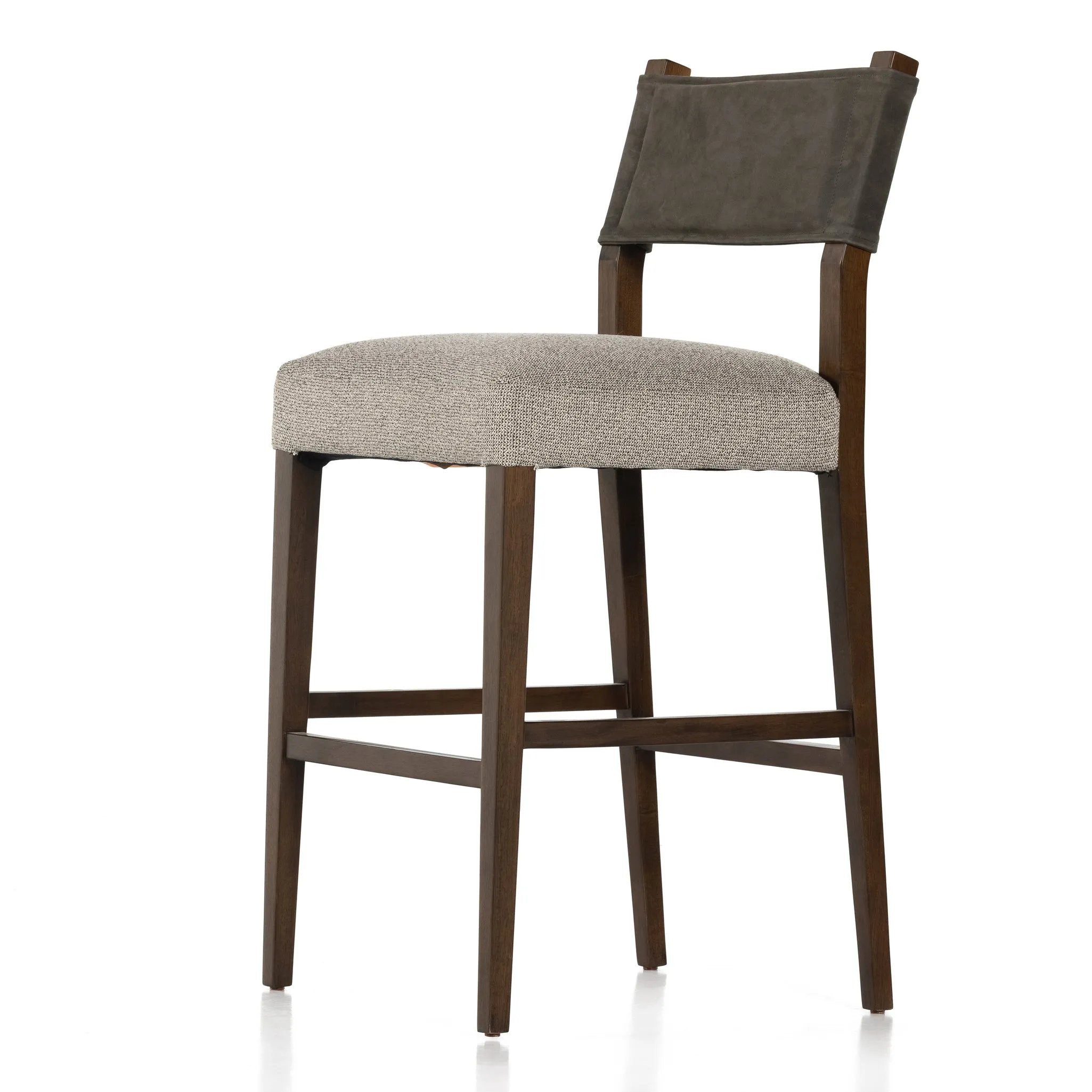 Featuring Ferris Tulsa Ink Bar + Counter Stool by Four Hands at Amethyst Home. Perfectly sized for the counter, dark-finished parawood frames squared seating of high-performance fabric, with top-grain leather backing. Performance fabrics are specially created to withstand spills, stains, high traffic and wear, ensuring long-term comfort and unmatched durab. Amethyst Home provides interior design, new home construction design consulting, vintage area rugs, and lighting in the Des Moines metro area.