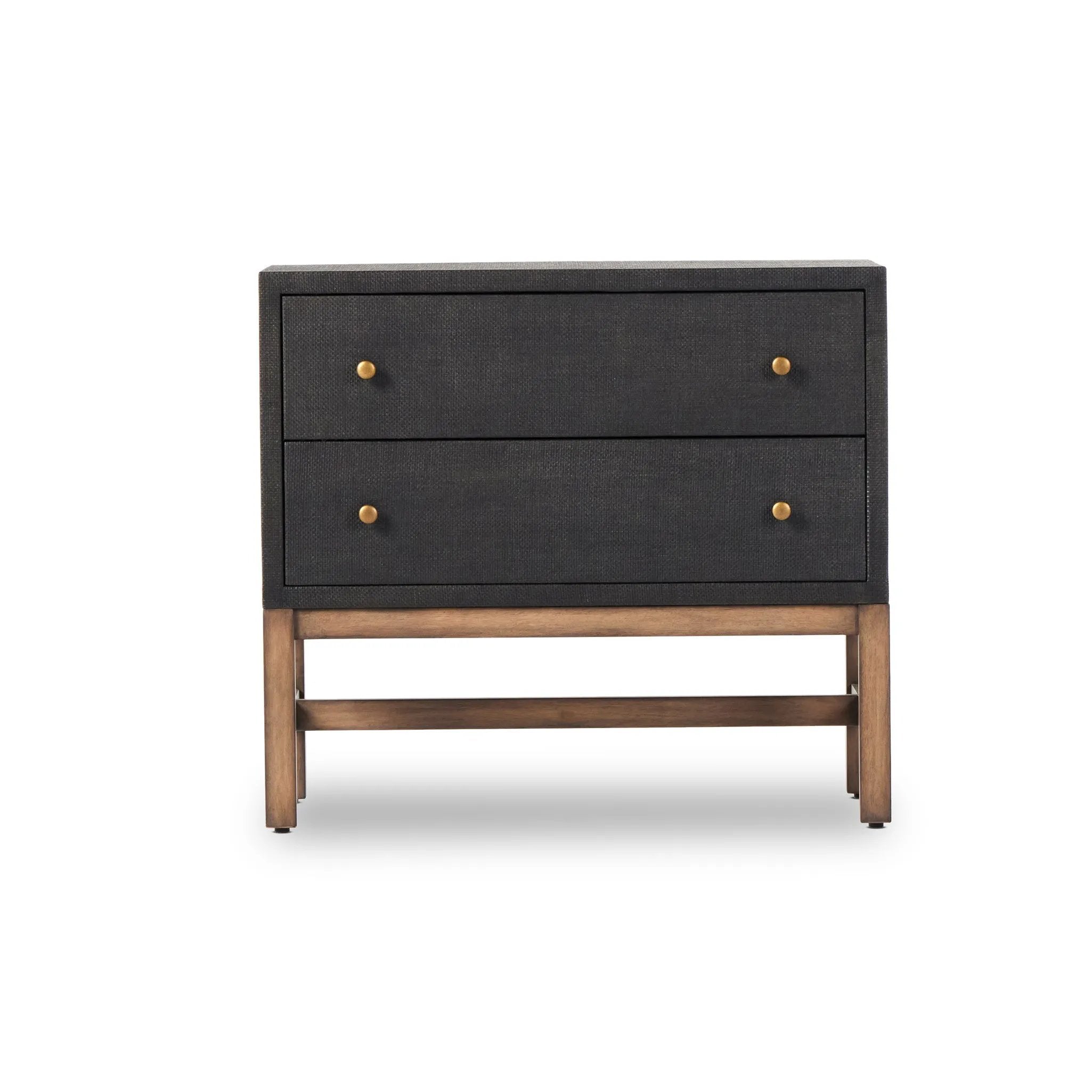 Featuring Fiona Black Raffia Nightstand by Four Hands at Amethyst Home. Woven black raffia offers a texture-driven take on bedside storage. Antique brass-finished iron hardware adorns dual drawers supported by a solid mahogany base.Overall Dimensions: 30.00"w x 17.00"d x 26.50"hWeight : 59.74 lbsMaterials: Sugar Palm, Solid Mahogany, Iron. Amethyst Home provides interior design, new home construction design consulting, vintage area rugs, and lighting in the Park City metro area.