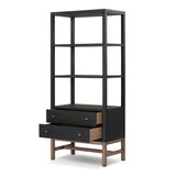 Woven black raffia drawers offer closed storage and a texture-driven take on book shelving. Antique brass-finished hardware adds a touch of vintage detailing, all framed within solid mahogany Amethyst Home provides interior design, new home construction design consulting, vintage area rugs, and lighting in the Monterey metro area.