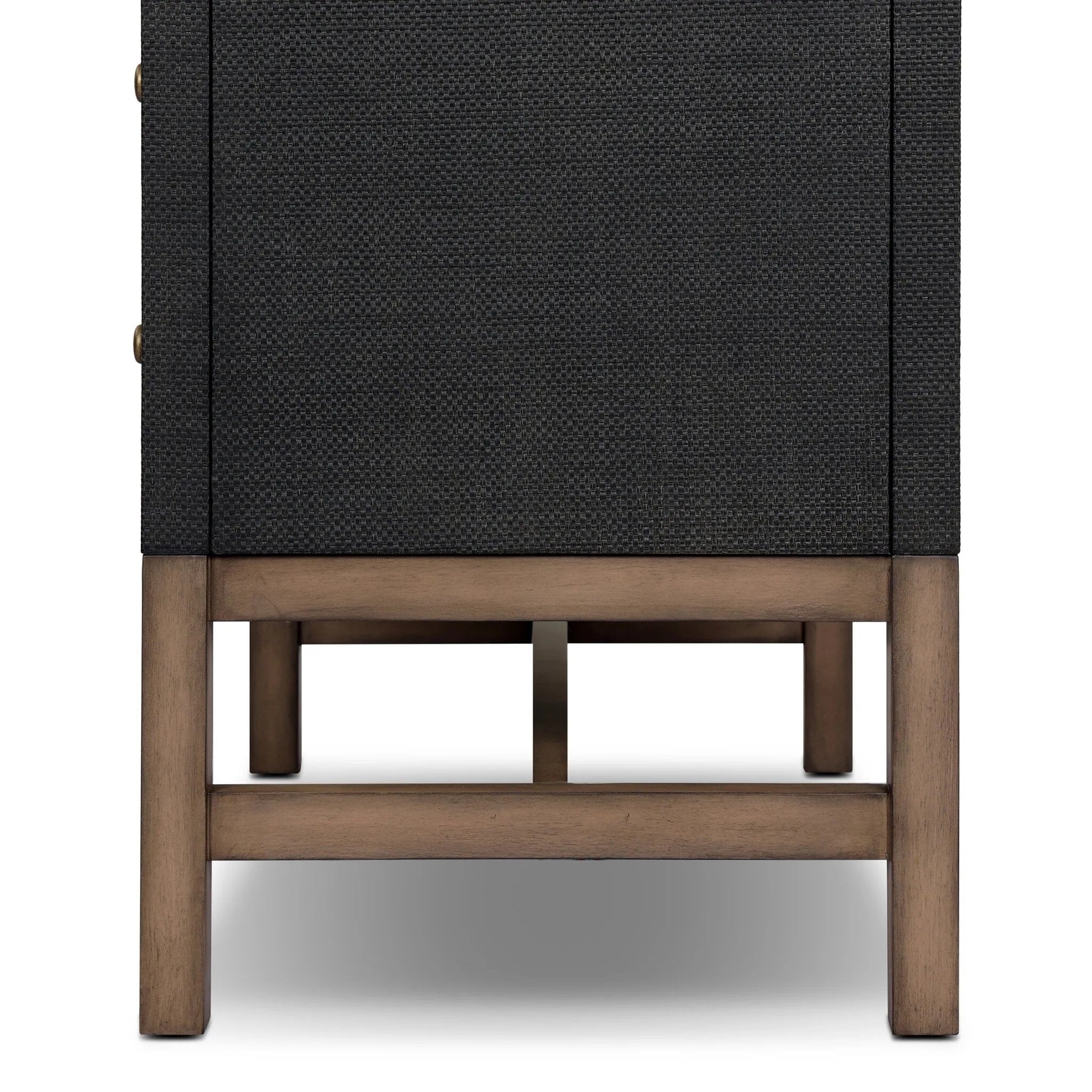 Woven black raffia drawers offer closed storage and a texture-driven take on book shelving. Antique brass-finished hardware adds a touch of vintage detailing, all framed within solid mahogany Amethyst Home provides interior design, new home construction design consulting, vintage area rugs, and lighting in the Nashville metro area.