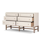 Featuring Fiona Ivory Painted Raffia 6 Drawer Dresser by Four Hands at Amethyst Home. Indulge in luxury with the Fiona Ivory Painted Raffia 6 Drawer Dresser. This elegant dresser boasts a sophisticated ivory painted finish and hand-woven raffia drawers. With six spacious drawers, it offers ample storage space while adding a touch of exclusivity to any b. Amethyst Home provides interior design, new home construction design consulting, vintage area rugs, and lighting in the Newport Beach metro area.