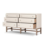 Featuring Fiona Ivory Painted Raffia 6 Drawer Dresser by Four Hands at Amethyst Home. Indulge in luxury with the Fiona Ivory Painted Raffia 6 Drawer Dresser. This elegant dresser boasts a sophisticated ivory painted finish and hand-woven raffia drawers. With six spacious drawers, it offers ample storage space while adding a touch of exclusivity to any b. Amethyst Home provides interior design, new home construction design consulting, vintage area rugs, and lighting in the Newport Beach metro area.