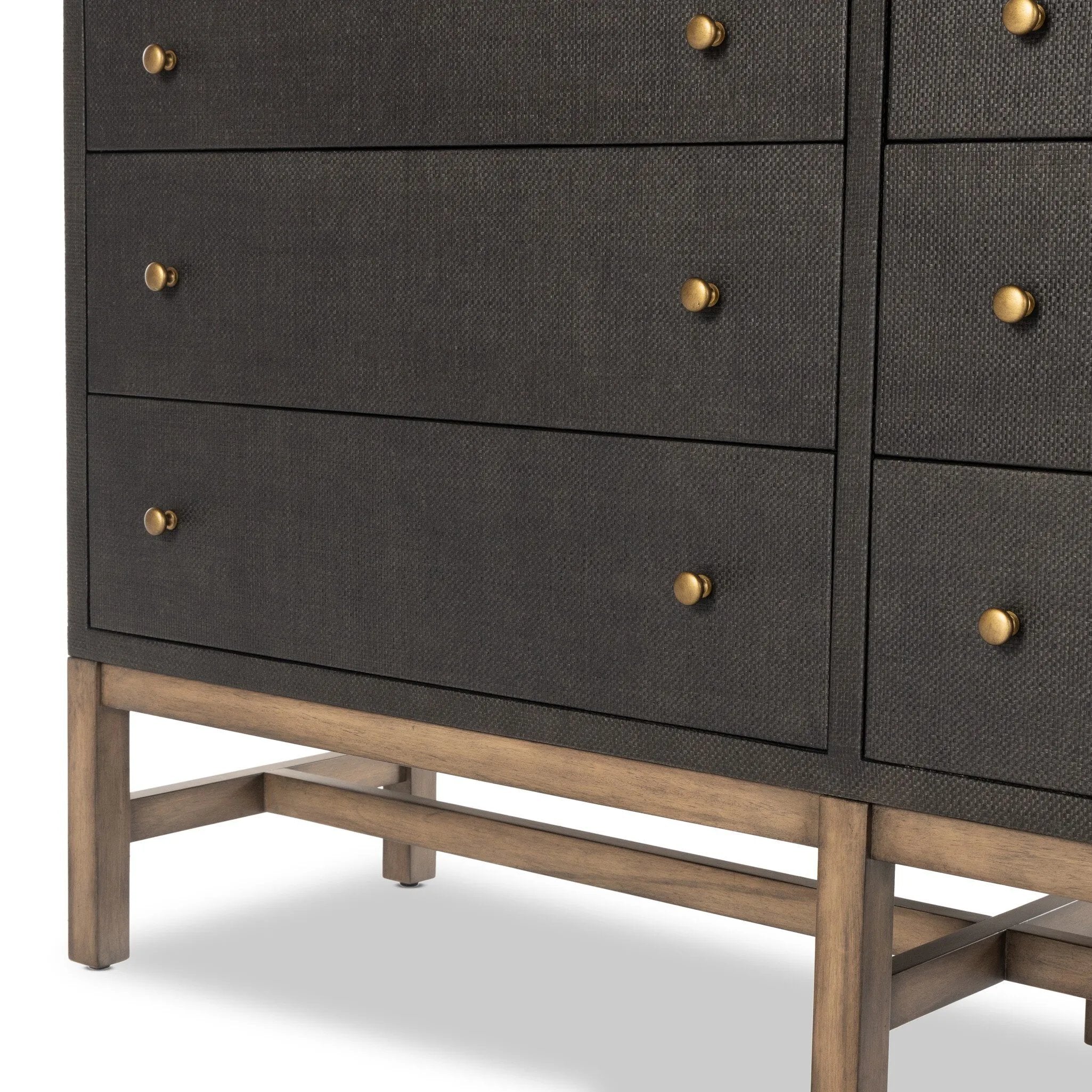 Featuring Fiona Russet Mahogany 6 Drawer Dresser by Four Hands at Amethyst Home. Woven black raffia offers a texture-driven take on bedroom storage. Antique brass-finished iron hardware adorns six spacious drawers, all supported by a solid mahogany base.Overall Dimensions: 62.00"w x 17.00"d x 34.00"hWeight : 181.22 lbsMaterials : Solid Mahogany, Sugar Palm,. Amethyst Home provides interior design, new home construction design consulting, vintage area rugs, and lighting in the Charlotte metro area.