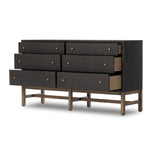 Featuring Fiona Russet Mahogany 6 Drawer Dresser by Four Hands at Amethyst Home. Woven black raffia offers a texture-driven take on bedroom storage. Antique brass-finished iron hardware adorns six spacious drawers, all supported by a solid mahogany base.Overall Dimensions: 62.00"w x 17.00"d x 34.00"hWeight : 181.22 lbsMaterials : Solid Mahogany, Sugar Palm,. Amethyst Home provides interior design, new home construction design consulting, vintage area rugs, and lighting in the Nashville metro area.
