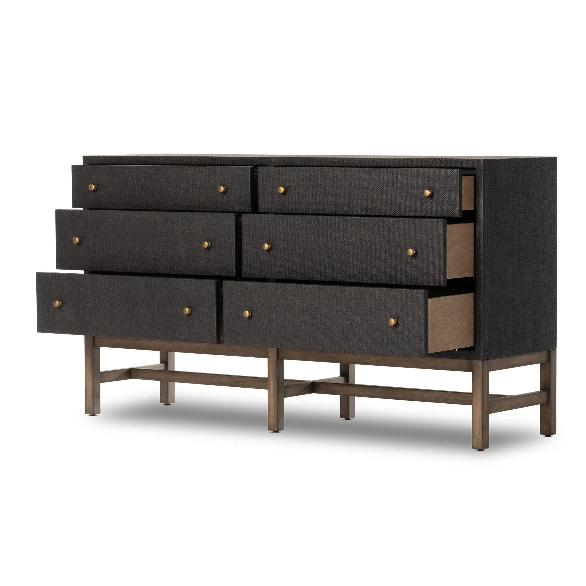Featuring Fiona Russet Mahogany 6 Drawer Dresser by Four Hands at Amethyst Home. Woven black raffia offers a texture-driven take on bedroom storage. Antique brass-finished iron hardware adorns six spacious drawers, all supported by a solid mahogany base.Overall Dimensions: 62.00"w x 17.00"d x 34.00"hWeight : 181.22 lbsMaterials : Solid Mahogany, Sugar Palm,. Amethyst Home provides interior design, new home construction design consulting, vintage area rugs, and lighting in the Nashville metro area.