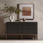 Featuring Fiona Russet Mahogany 6 Drawer Dresser by Four Hands at Amethyst Home. Woven black raffia offers a texture-driven take on bedroom storage. Antique brass-finished iron hardware adorns six spacious drawers, all supported by a solid mahogany base.Overall Dimensions: 62.00"w x 17.00"d x 34.00"hWeight : 181.22 lbsMaterials : Solid Mahogany, Sugar Palm, I. Amethyst Home provides interior design, new home construction design consulting, vintage area rugs, and lighting in the Seattle metro area.