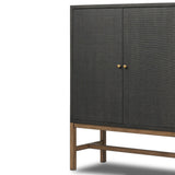 Featuring Fiona Russet Mahogany Bar Cabinet by Four Hands at Amethyst Home. Woven black raffia places a texture-driven twist on cabinetry. Simple hardware finished in an antique brass, all supported by an open, airy base of solid mahogany.Overall Dimensions: 40.00"w x 18.00"d x 52.00"hWeight : 157.63 lbsMaterials: Solid Mahogany, Iron, Sugar Palm. Amethyst Home provides interior design, new home construction design consulting, vintage area rugs, and lighting in the Des Moines metro area.